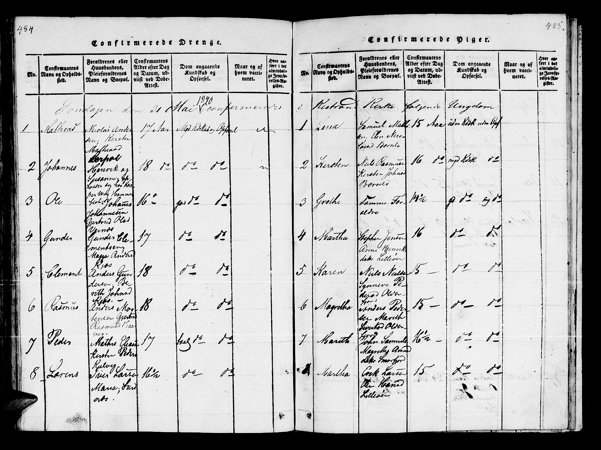 Kistrand/Porsanger sokneprestembete, SATØ/S-1351/H/Ha/L0003.kirke: Ministerialbok nr. 3, 1825-1842, s. 484-485