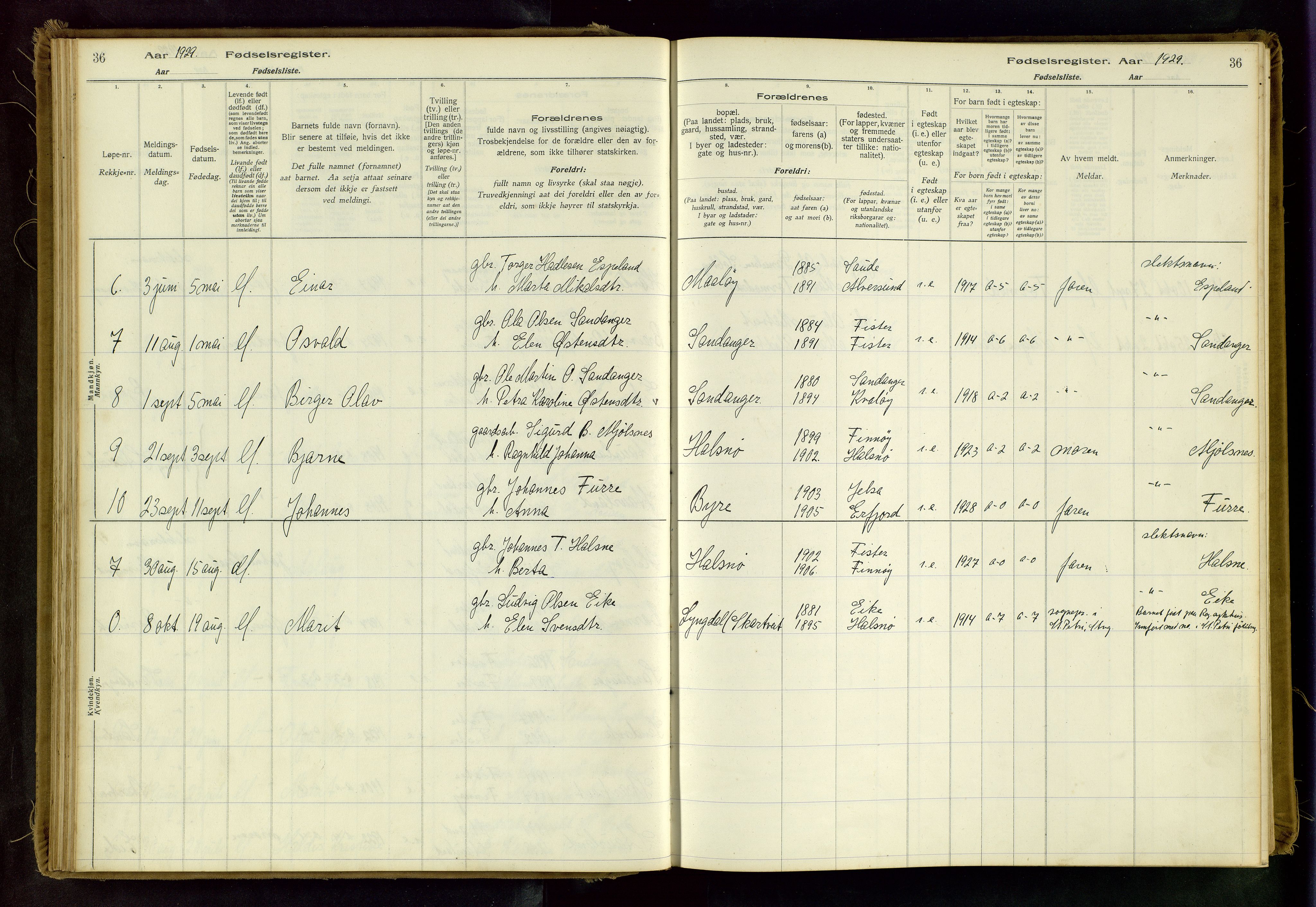 Hjelmeland sokneprestkontor, AV/SAST-A-101843/02/B/L0003: Fødselsregister nr. 3, 1916-1997, s. 36