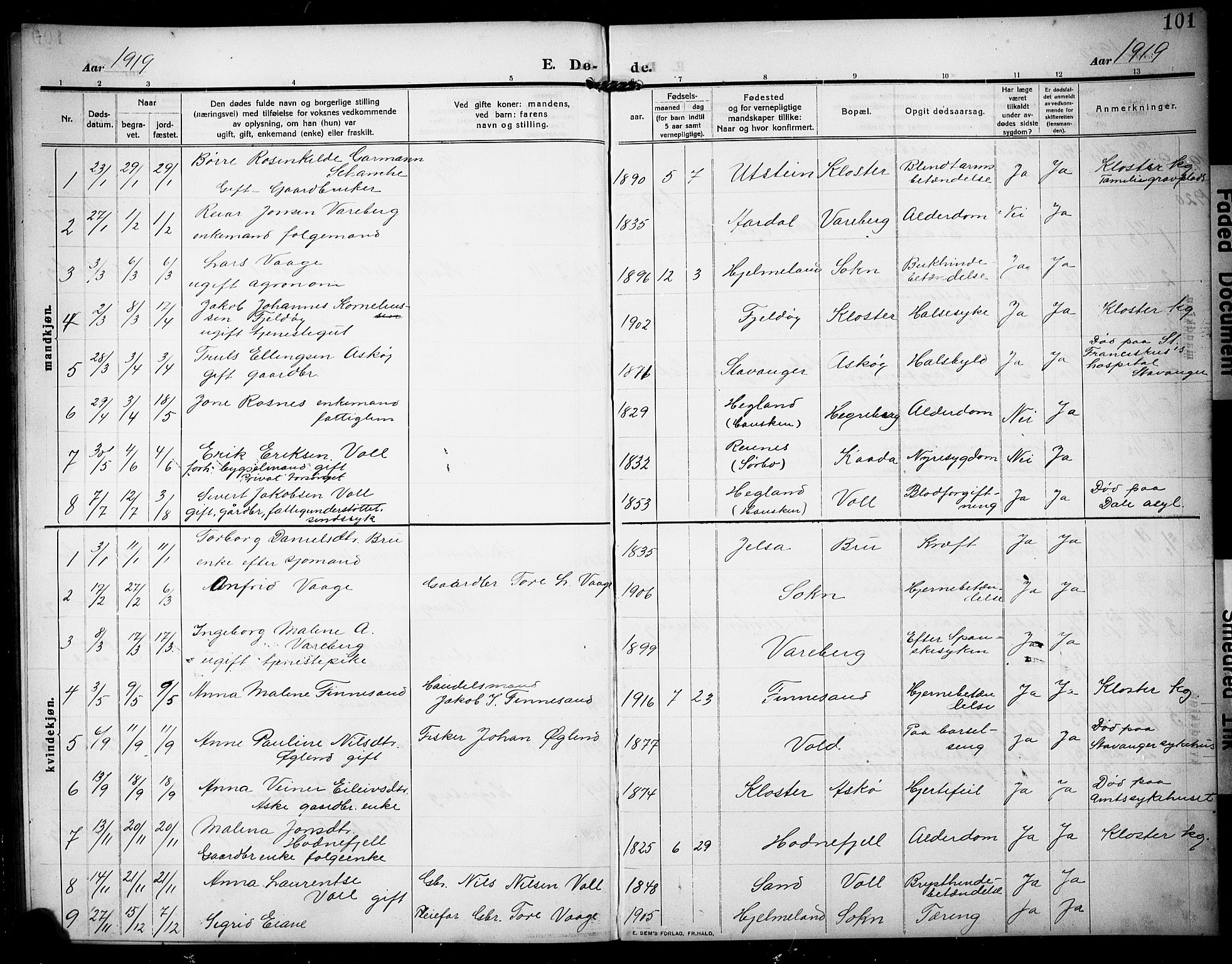 Rennesøy sokneprestkontor, SAST/A -101827/H/Ha/Hab/L0013: Klokkerbok nr. B 12, 1907-1928, s. 101