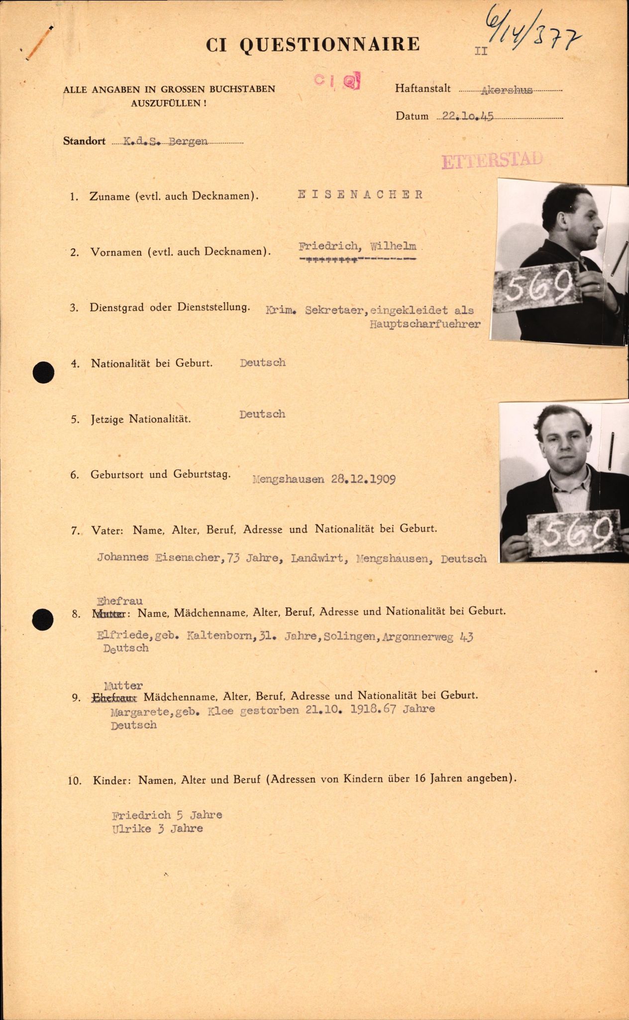 Forsvaret, Forsvarets overkommando II, AV/RA-RAFA-3915/D/Db/L0007: CI Questionaires. Tyske okkupasjonsstyrker i Norge. Tyskere., 1945-1946, s. 116