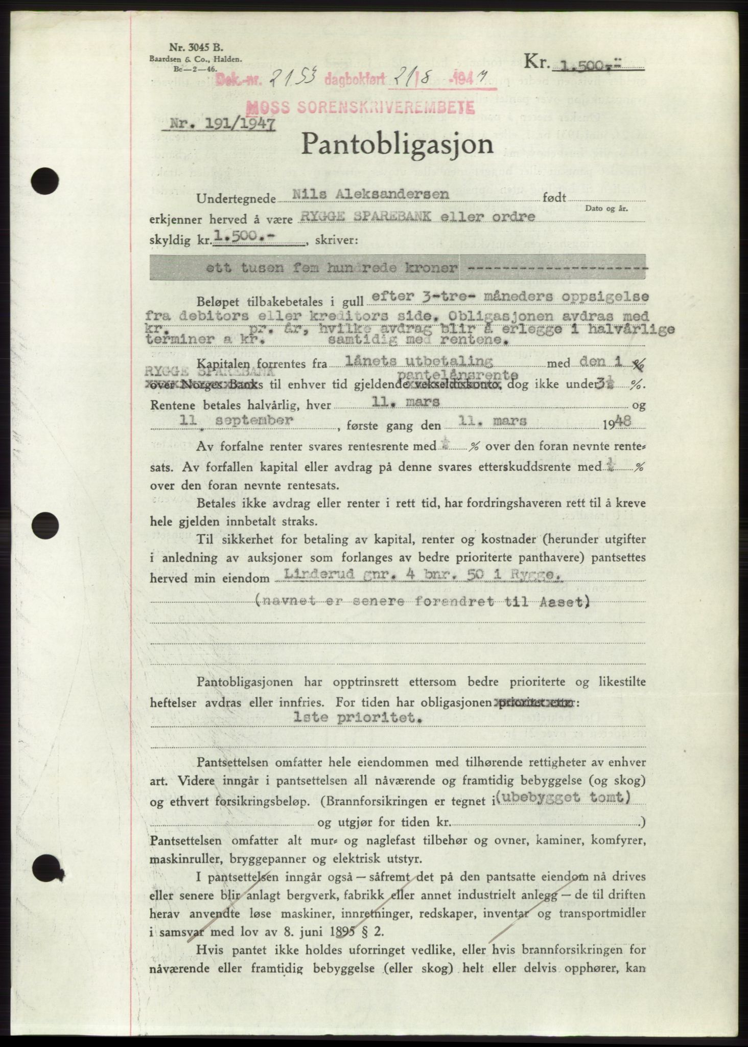 Moss sorenskriveri, SAO/A-10168: Pantebok nr. B17, 1947-1947, Dagboknr: 2153/1947