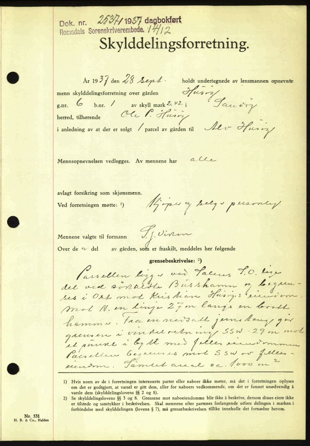 Romsdal sorenskriveri, SAT/A-4149/1/2/2C: Pantebok nr. A4, 1937-1938, Dagboknr: 2537/1937