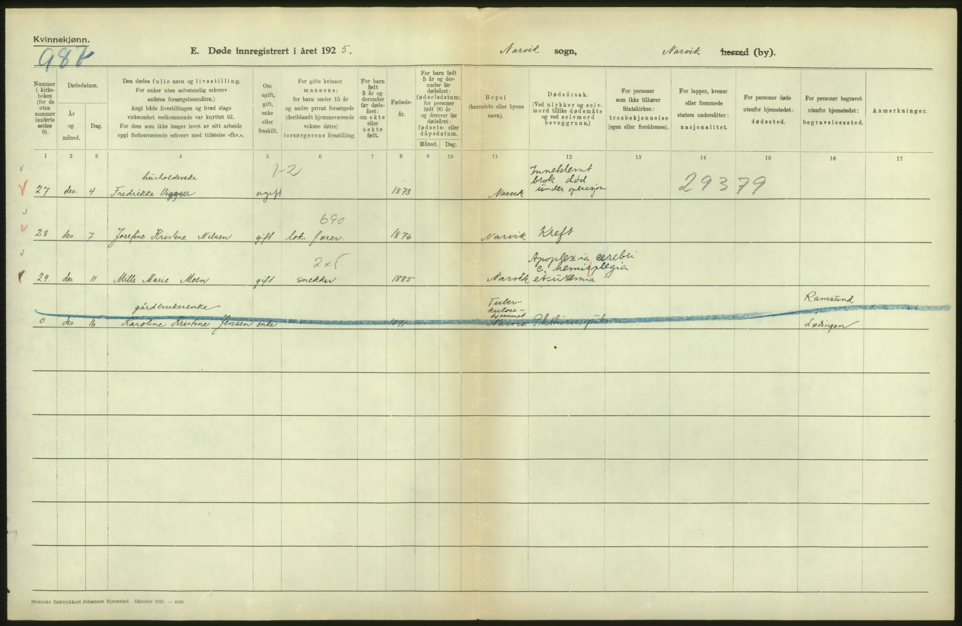 Statistisk sentralbyrå, Sosiodemografiske emner, Befolkning, AV/RA-S-2228/D/Df/Dfc/Dfce/L0043: N. Trøndelag fylke: Døde. Bygder og byer., 1925, s. 42