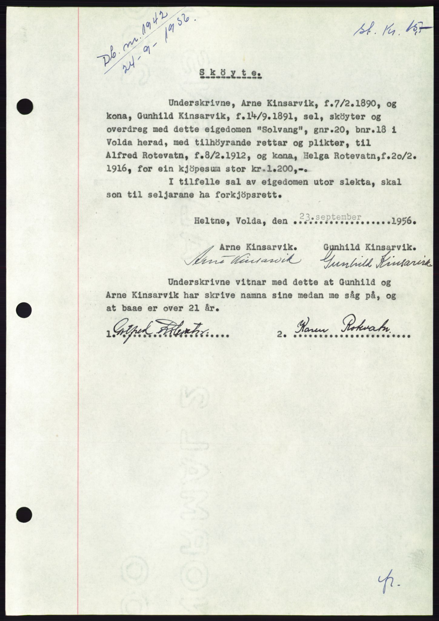Søre Sunnmøre sorenskriveri, AV/SAT-A-4122/1/2/2C/L0104: Pantebok nr. 30A, 1956-1956, Dagboknr: 1942/1956