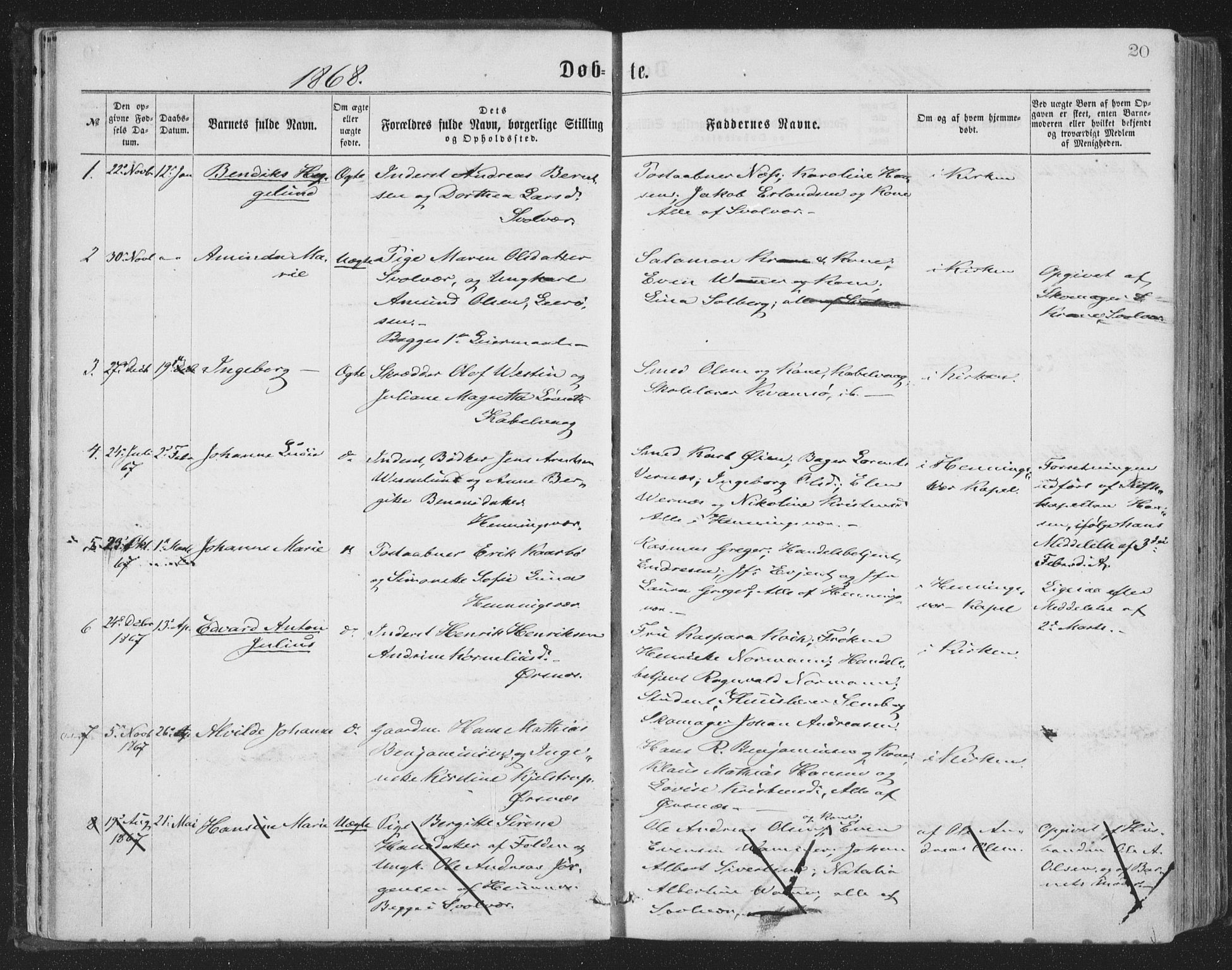 Ministerialprotokoller, klokkerbøker og fødselsregistre - Nordland, AV/SAT-A-1459/874/L1057: Ministerialbok nr. 874A01, 1866-1877, s. 20