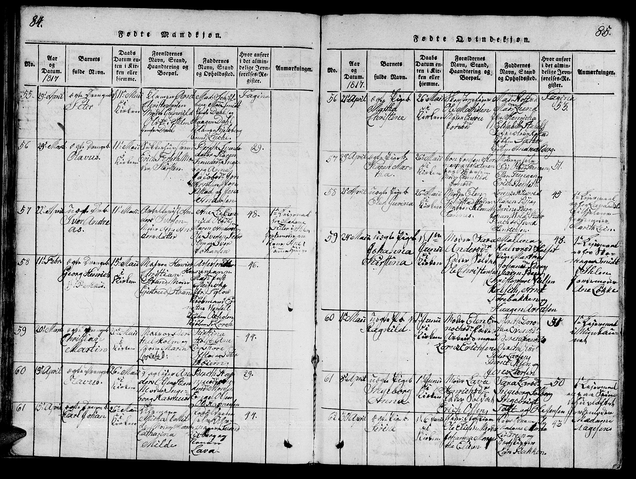 Ministerialprotokoller, klokkerbøker og fødselsregistre - Sør-Trøndelag, SAT/A-1456/601/L0043: Ministerialbok nr. 601A11, 1815-1821, s. 84-85