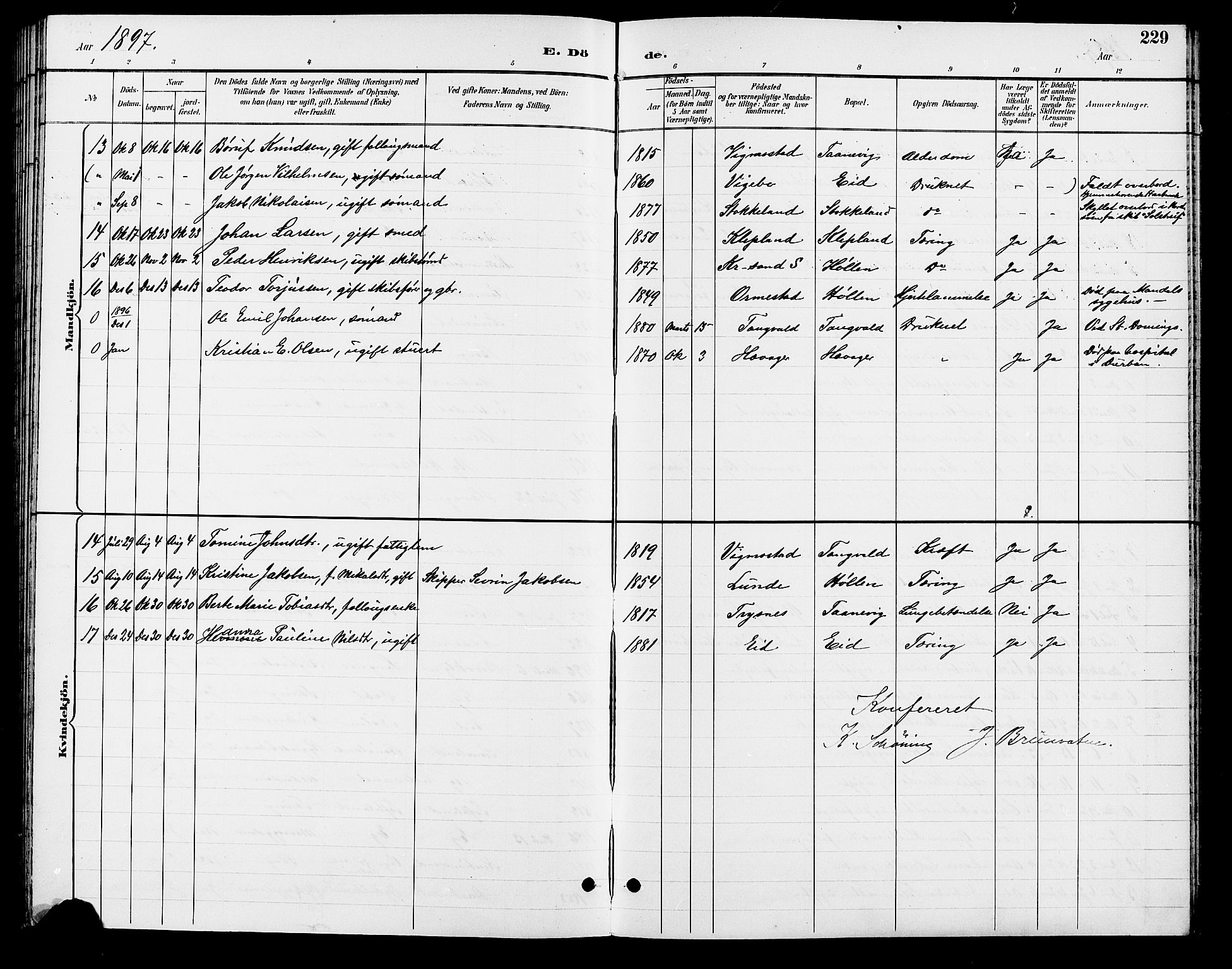 Søgne sokneprestkontor, AV/SAK-1111-0037/F/Fb/Fbb/L0006: Klokkerbok nr. B 6, 1892-1911, s. 229
