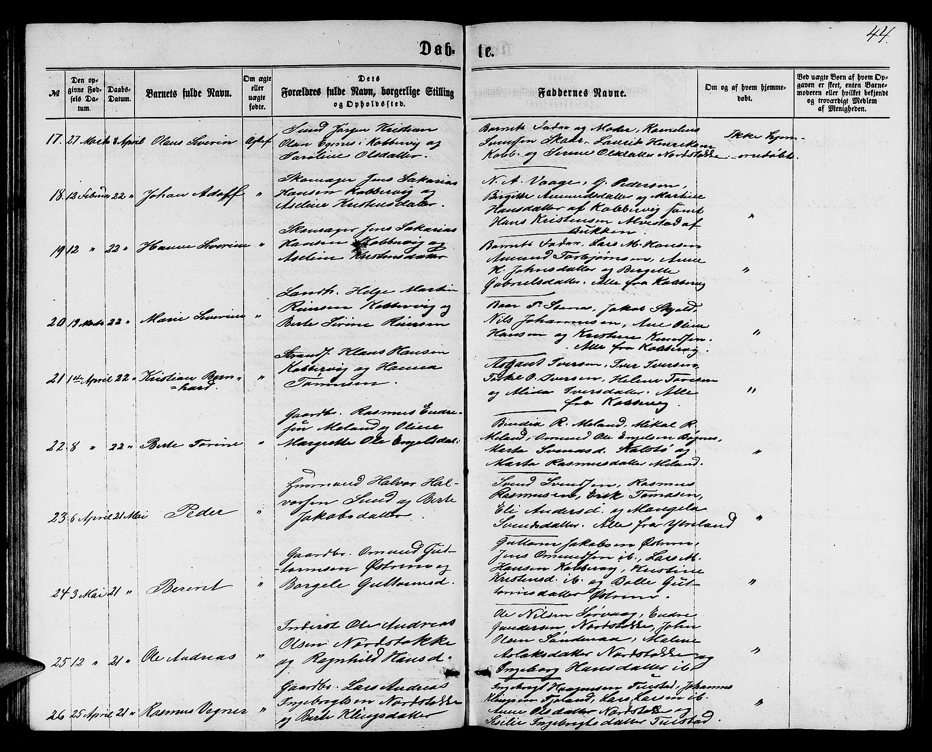 Avaldsnes sokneprestkontor, AV/SAST-A -101851/H/Ha/Hab/L0004: Klokkerbok nr. B 4, 1861-1876, s. 44