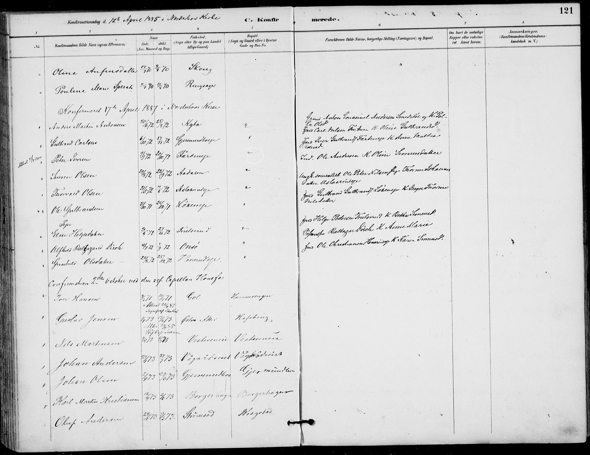 Haug kirkebøker, AV/SAKO-A-604/F/Fa/L0001: Ministerialbok nr. 1, 1885-1917, s. 121
