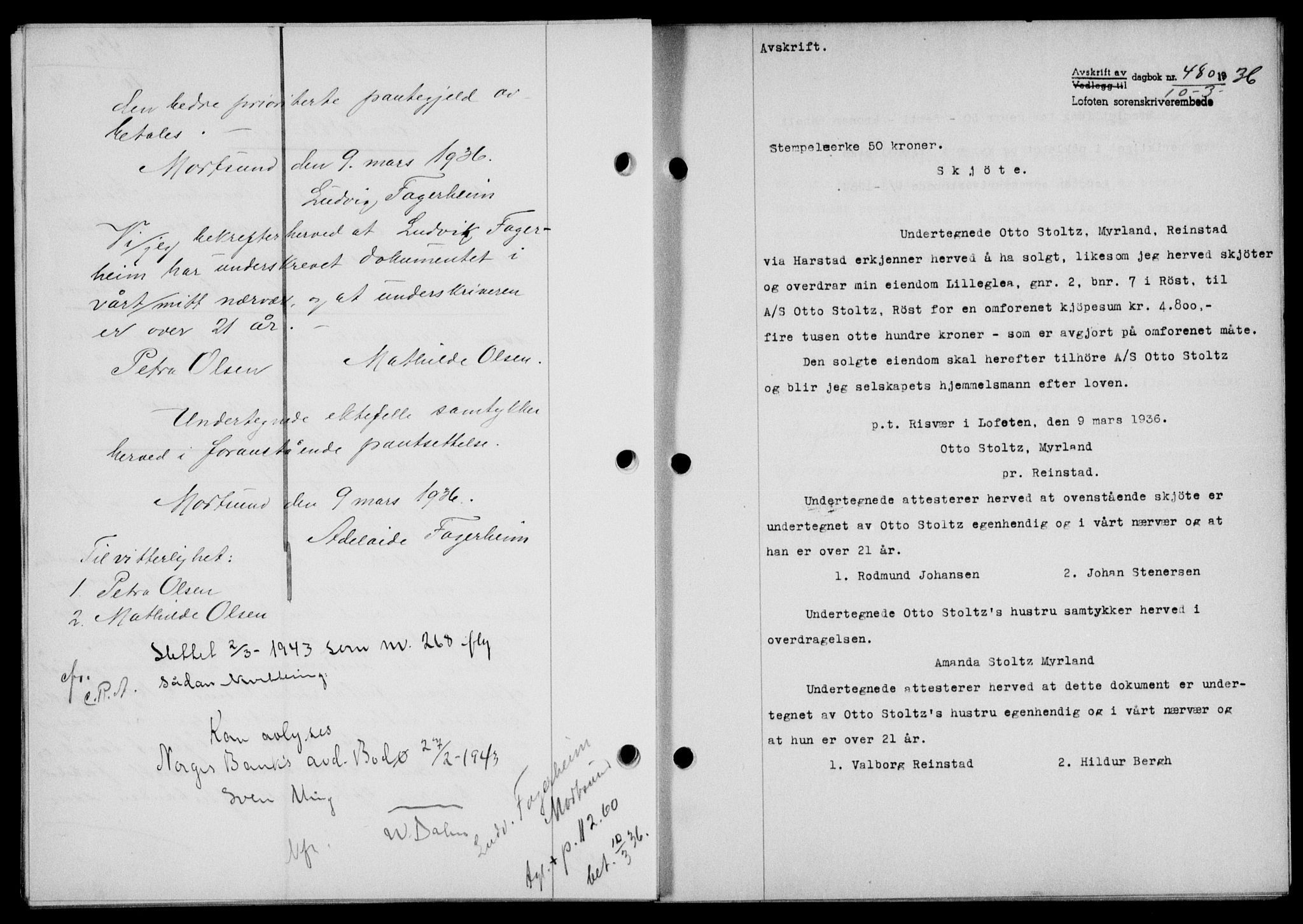 Lofoten sorenskriveri, SAT/A-0017/1/2/2C/L0033b: Pantebok nr. 33b, 1936-1936, Dagboknr: 480/1936