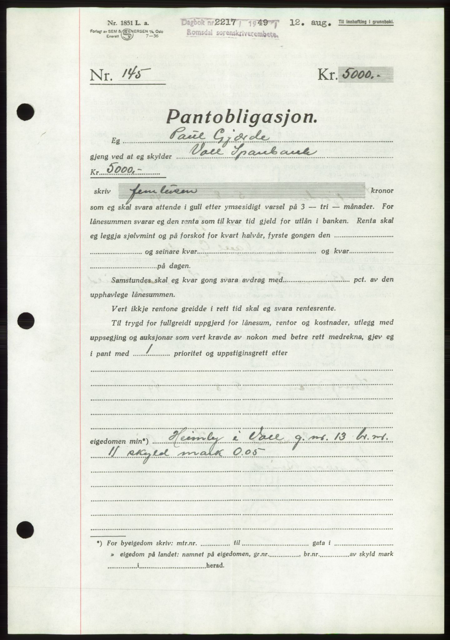 Romsdal sorenskriveri, SAT/A-4149/1/2/2C: Pantebok nr. B4, 1948-1949, Dagboknr: 2217/1949