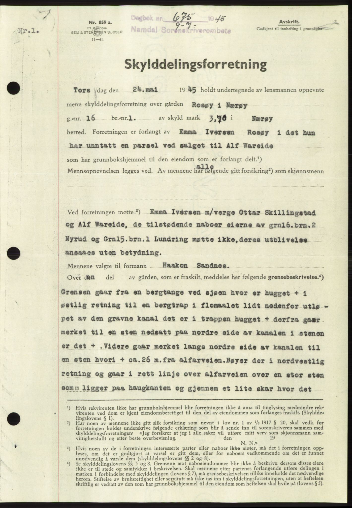 Namdal sorenskriveri, SAT/A-4133/1/2/2C: Pantebok nr. -, 1944-1945, Dagboknr: 675/1945