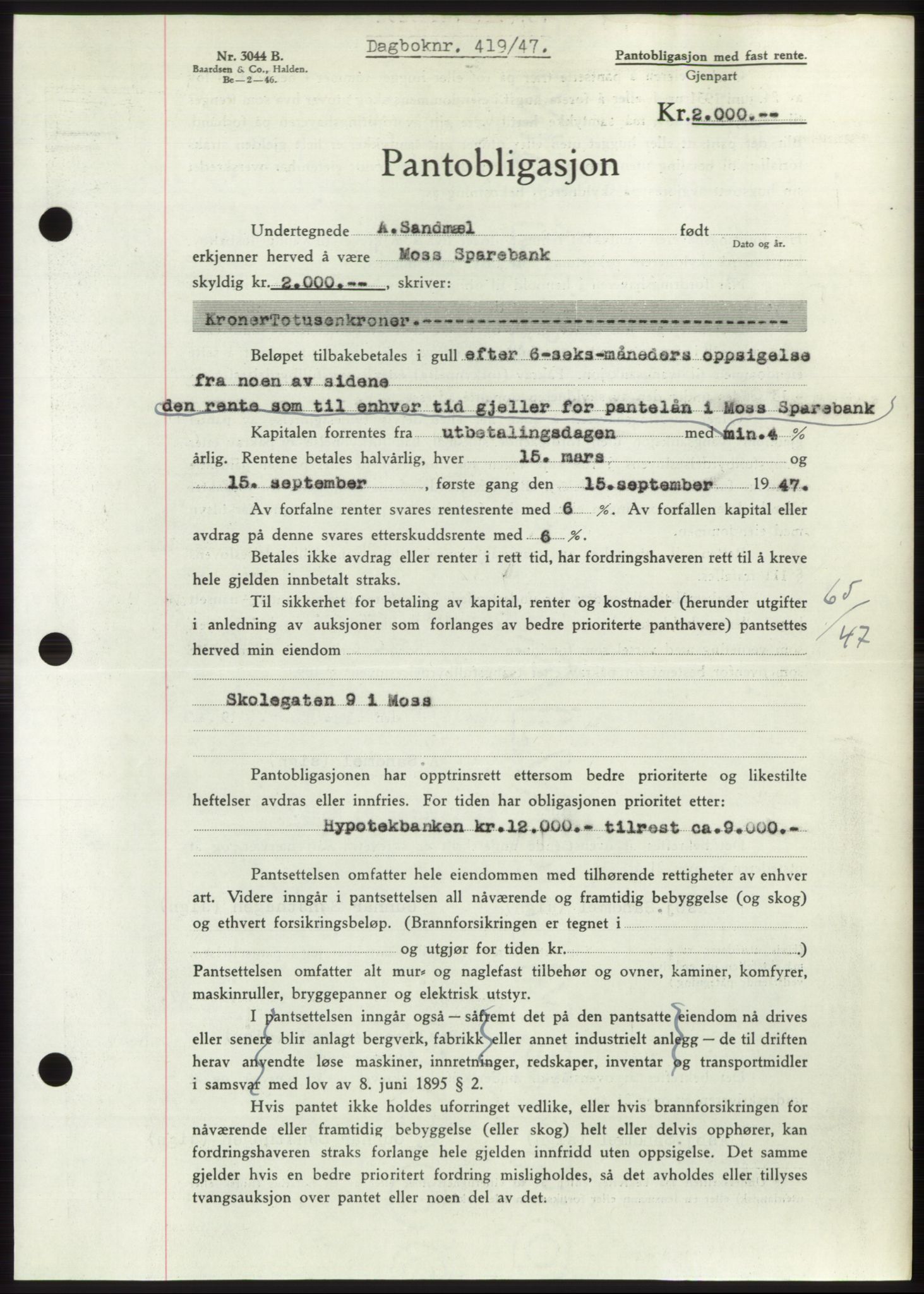 Moss sorenskriveri, SAO/A-10168: Pantebok nr. B16, 1946-1947, Dagboknr: 419/1947