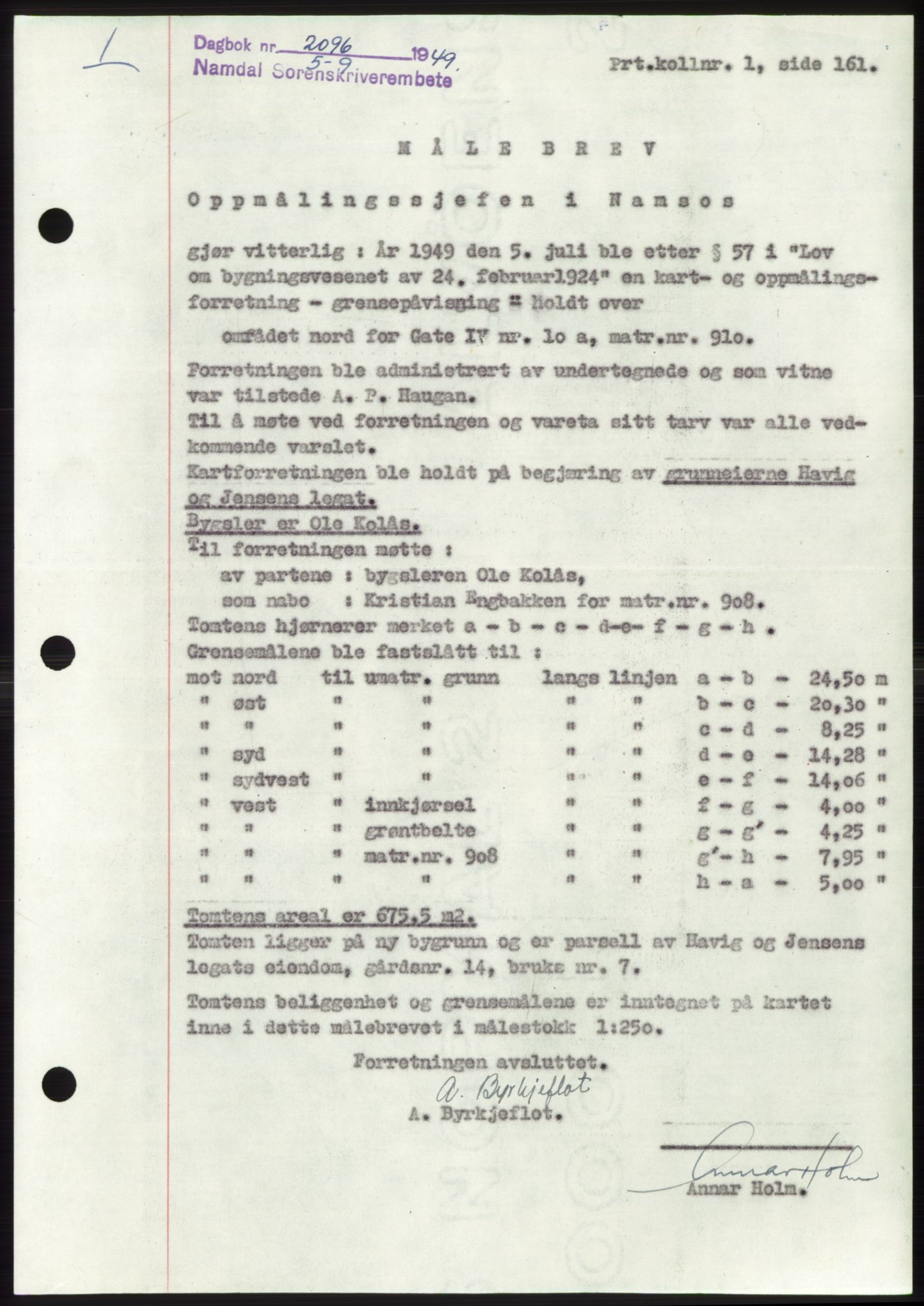 Namdal sorenskriveri, SAT/A-4133/1/2/2C: Pantebok nr. -, 1949-1949, Dagboknr: 2096/1949