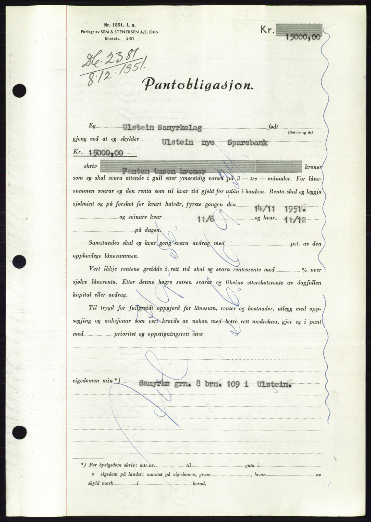 Søre Sunnmøre sorenskriveri, AV/SAT-A-4122/1/2/2C/L0120: Pantebok nr. 8B, 1951-1951, Dagboknr: 2381/1951