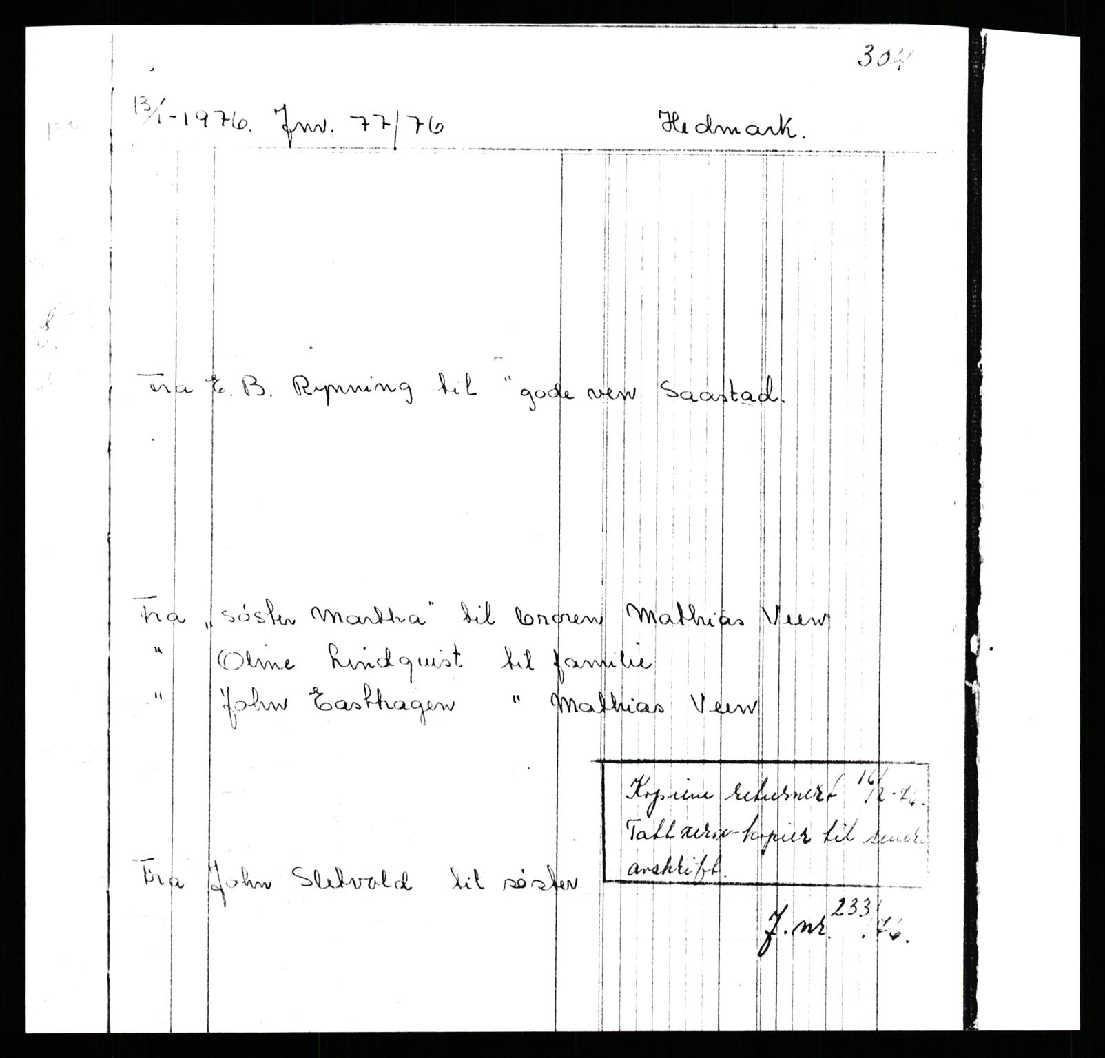Samlinger til kildeutgivelse, Amerikabrevene, RA/EA-4057/F/L0009: Innlån fra Hedmark: Statsarkivet i Hamar - Wærenskjold, 1838-1914, s. 613