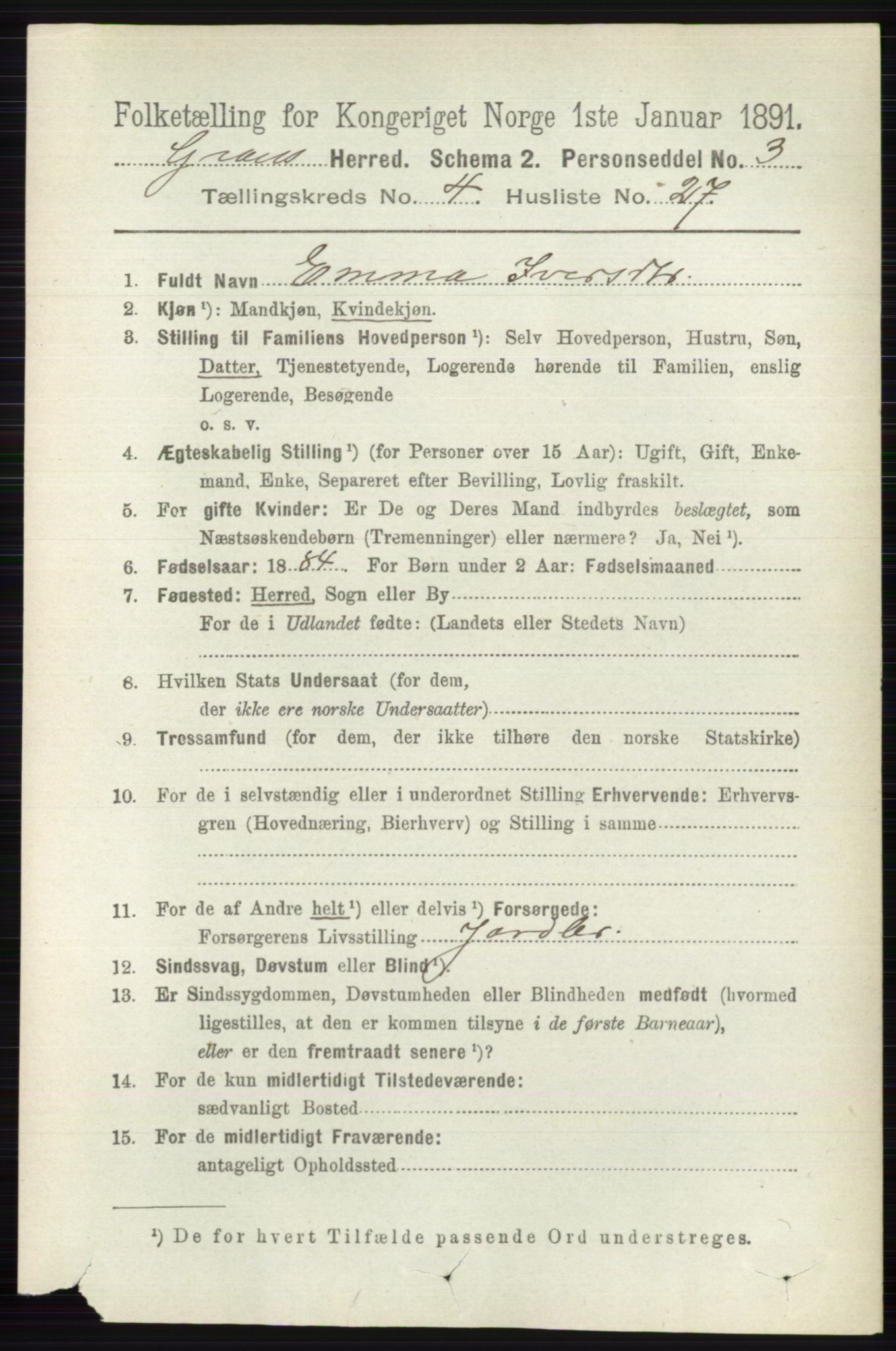 RA, Folketelling 1891 for 0534 Gran herred, 1891, s. 1327