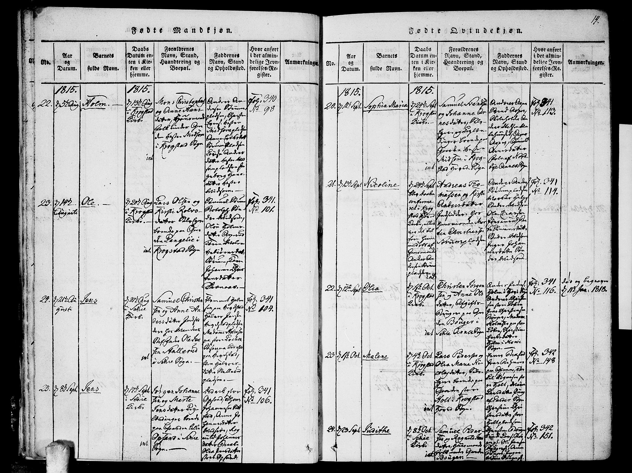 Kråkstad prestekontor Kirkebøker, AV/SAO-A-10125a/F/Fa/L0003: Ministerialbok nr. I 3, 1813-1824, s. 14