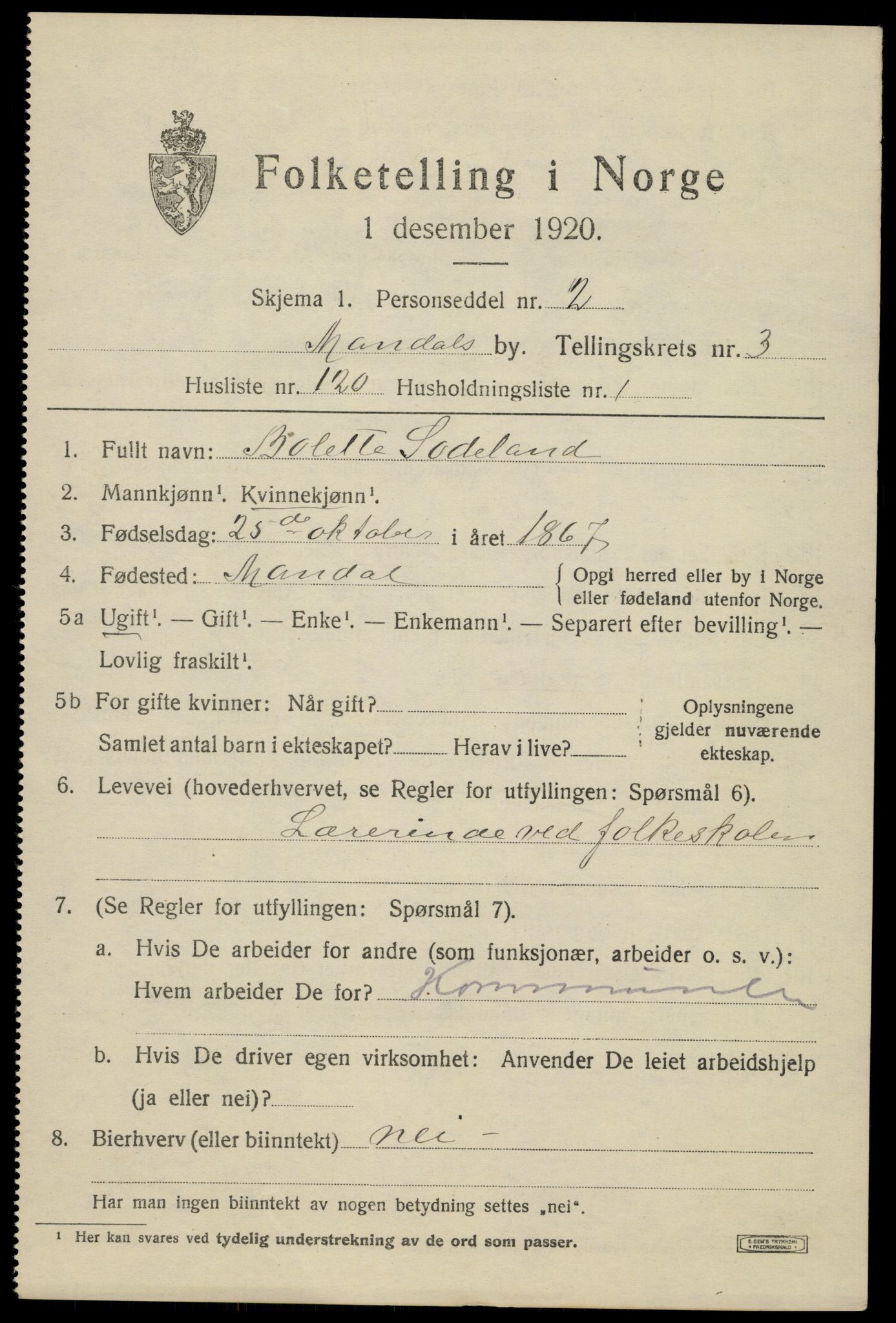 SAK, Folketelling 1920 for 1002 Mandal ladested, 1920, s. 6823