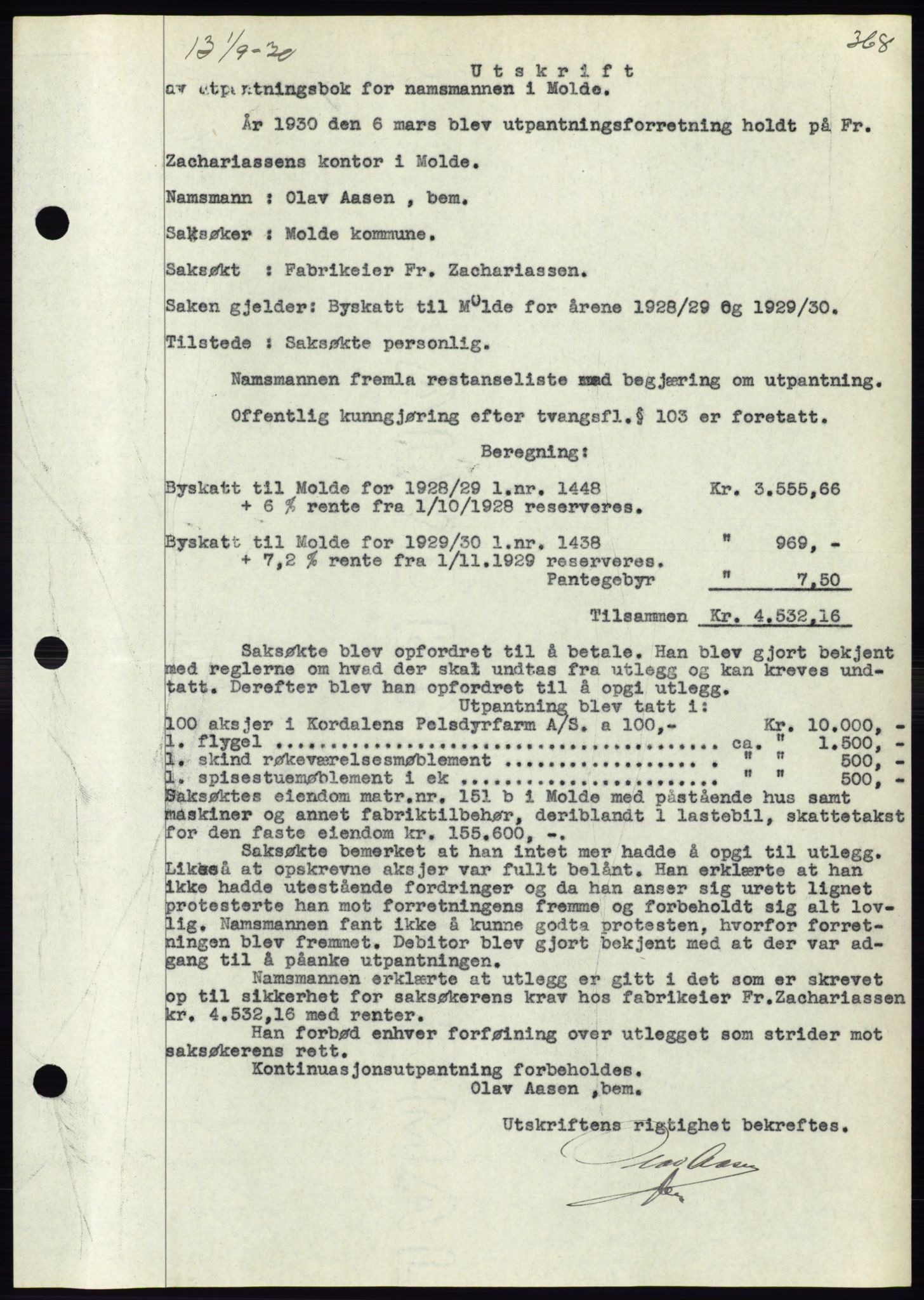 Molde byfogd, AV/SAT-A-0025/2/2C/L0011: Pantebok nr. 11, 1926-1932, Tingl.dato: 01.09.1930