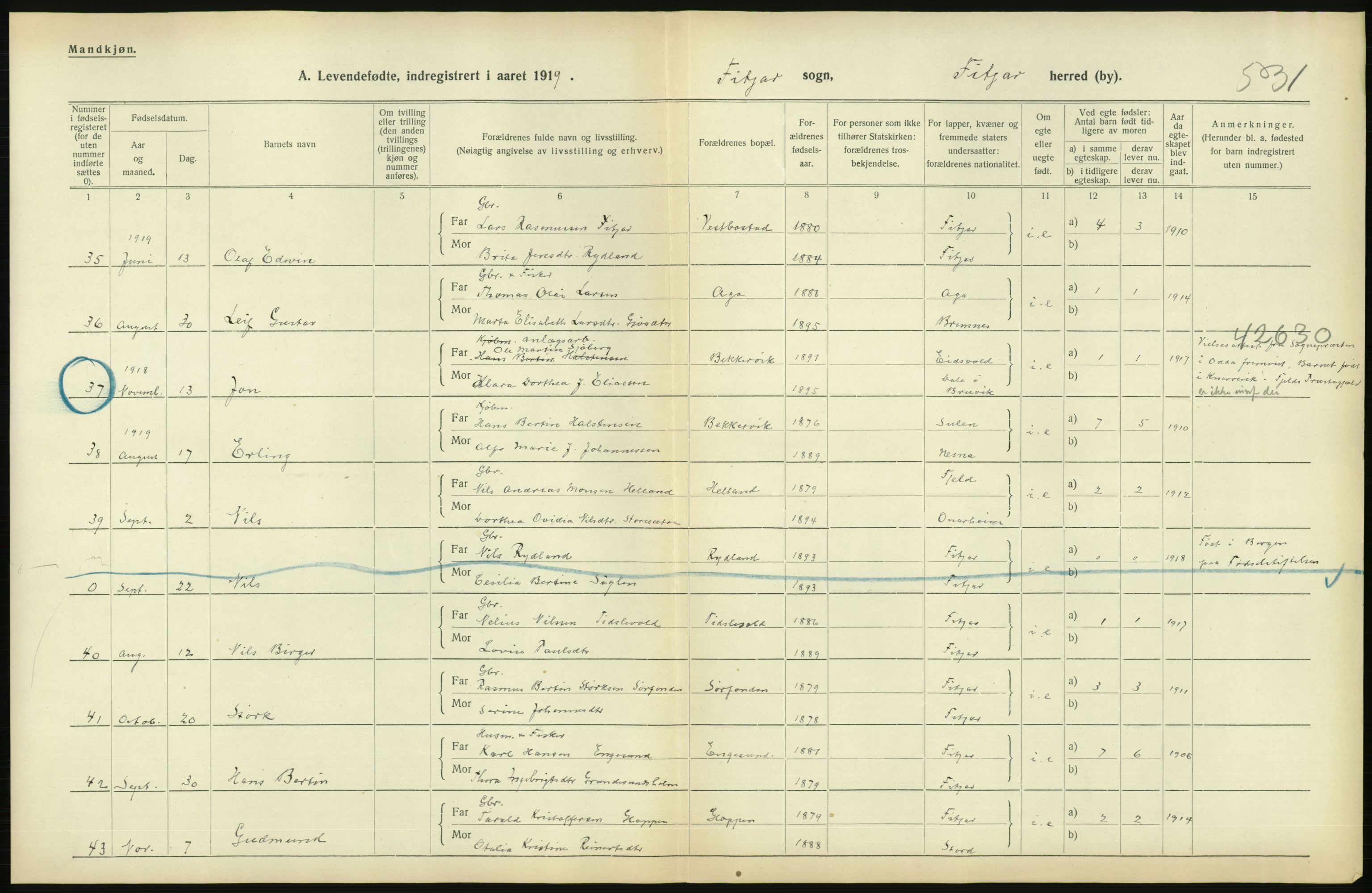 Statistisk sentralbyrå, Sosiodemografiske emner, Befolkning, RA/S-2228/D/Df/Dfb/Dfbi/L0031: Hordaland fylke: Levendefødte menn og kvinner. Bygder., 1919, s. 680