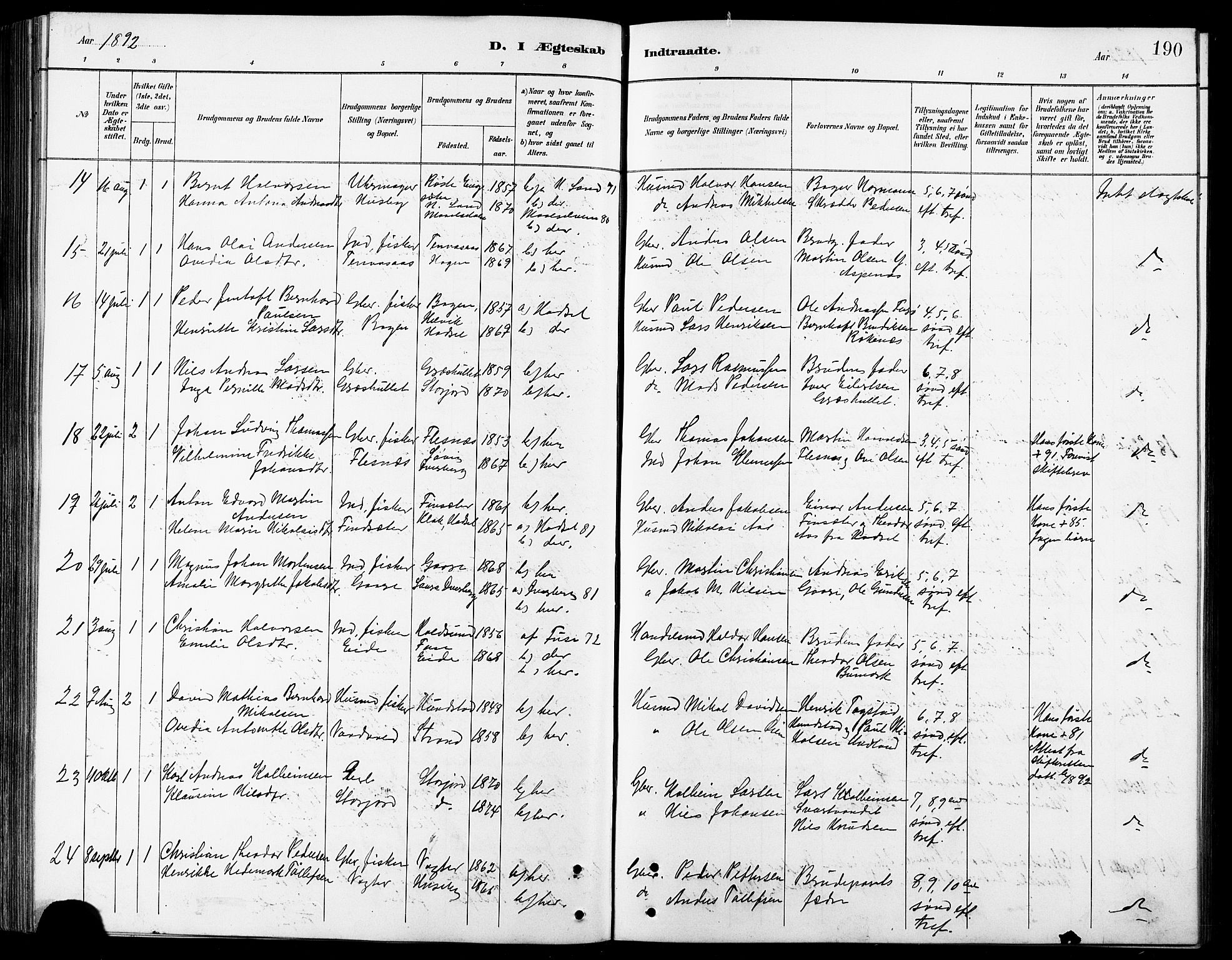 Kvæfjord sokneprestkontor, AV/SATØ-S-1323/G/Ga/Gab/L0005klokker: Klokkerbok nr. 5, 1886-1911, s. 190