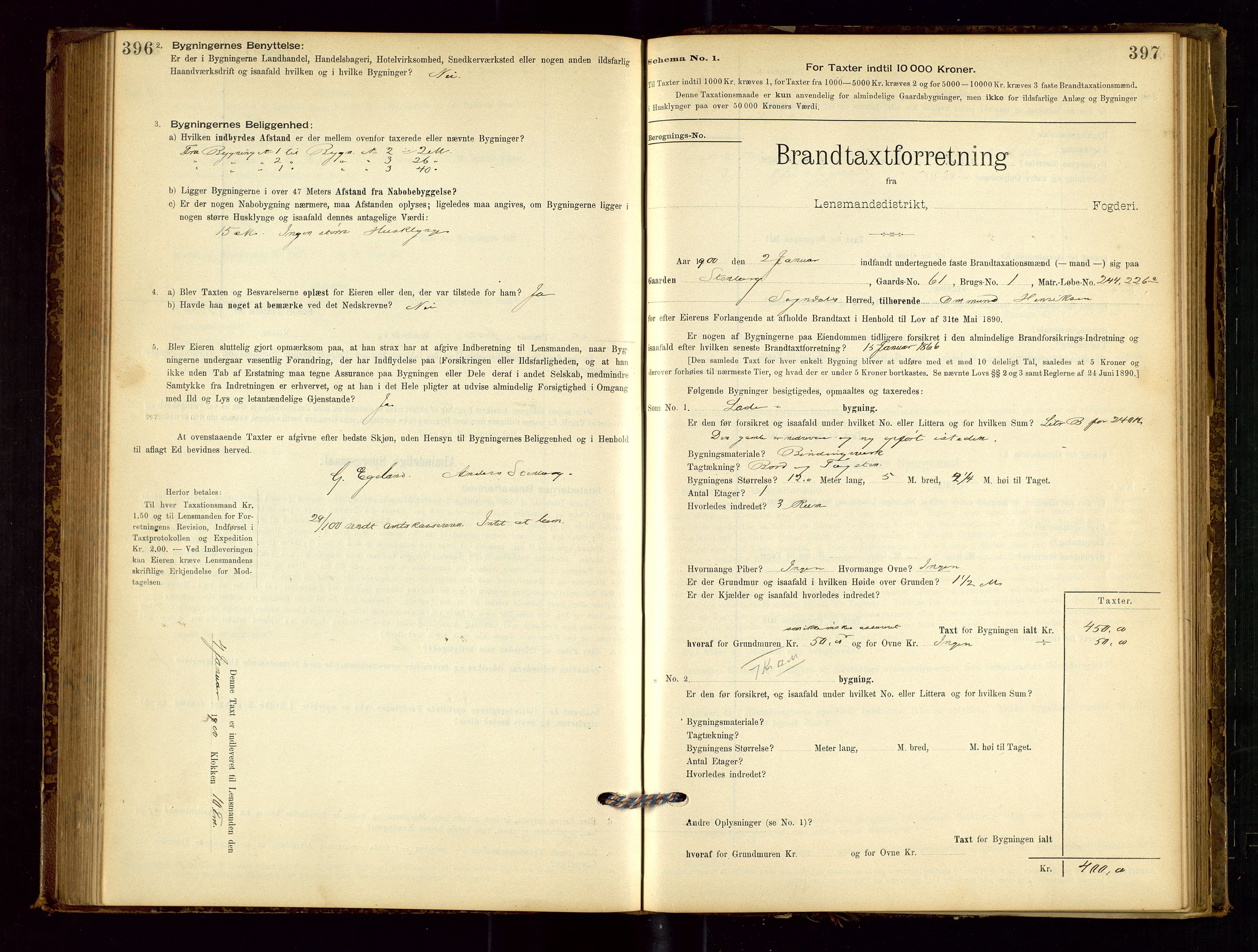 Sokndal lensmannskontor, AV/SAST-A-100417/Gob/L0001: "Brandtaxt-Protokol", 1895-1902, s. 396-397