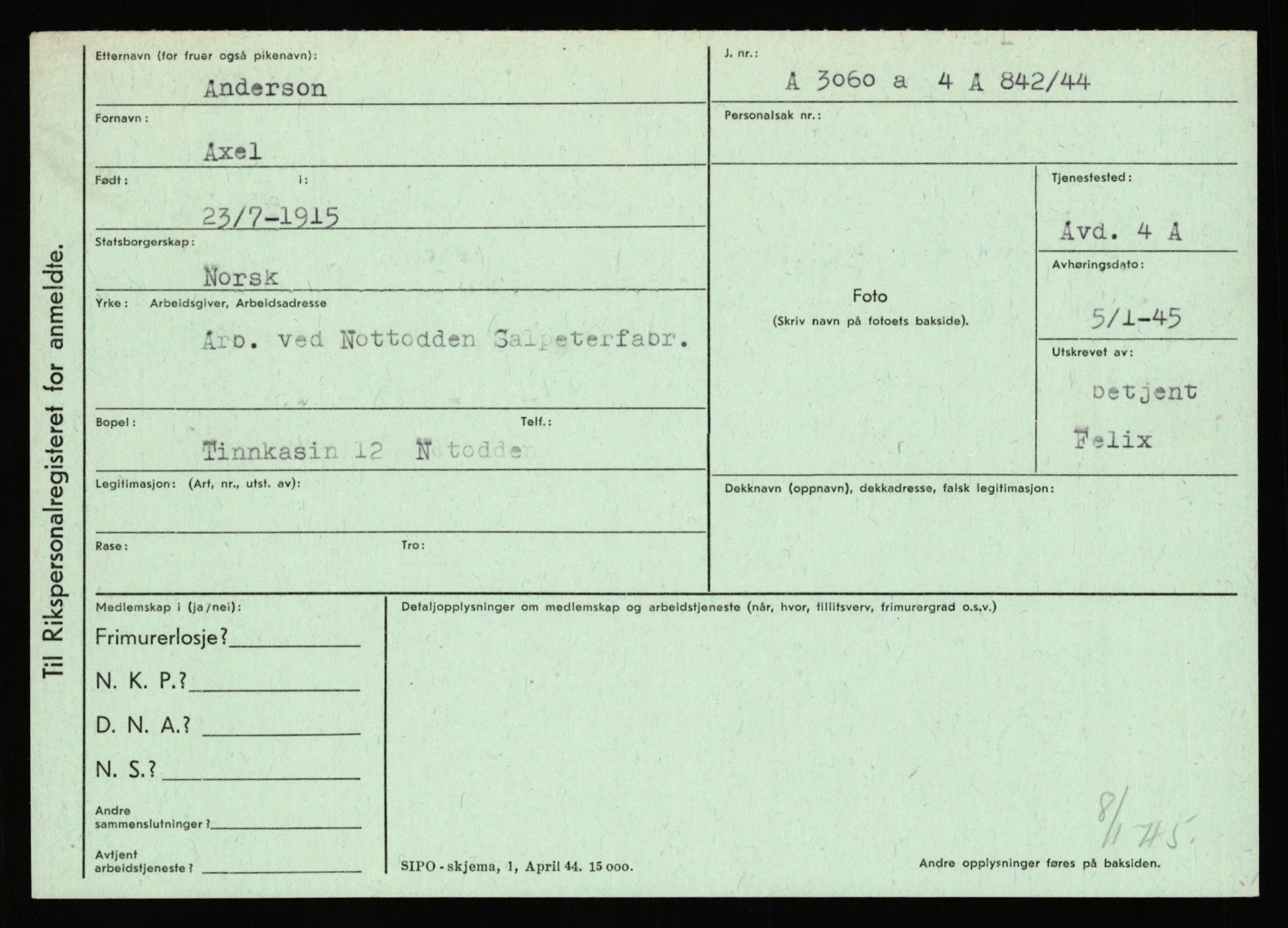 Statspolitiet - Hovedkontoret / Osloavdelingen, AV/RA-S-1329/C/Ca/L0001: Aabakken - Armann, 1943-1945, s. 3627