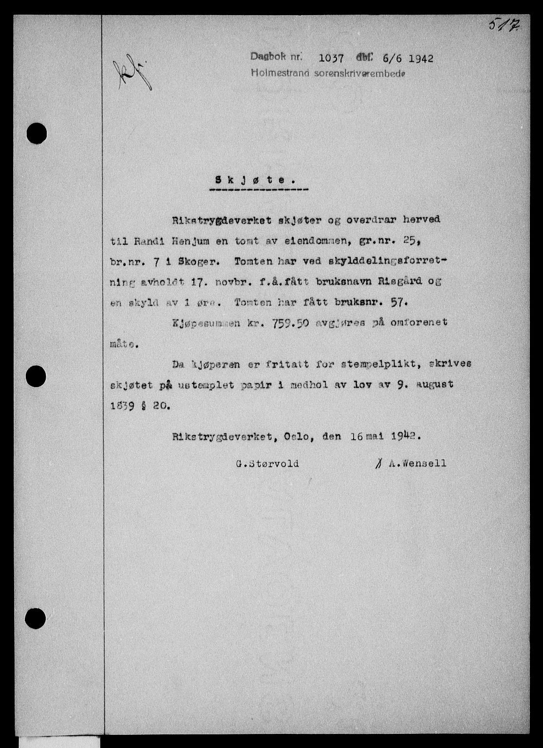 Holmestrand sorenskriveri, SAKO/A-67/G/Ga/Gaa/L0055: Pantebok nr. A-55, 1942-1942, Dagboknr: 1037/1942