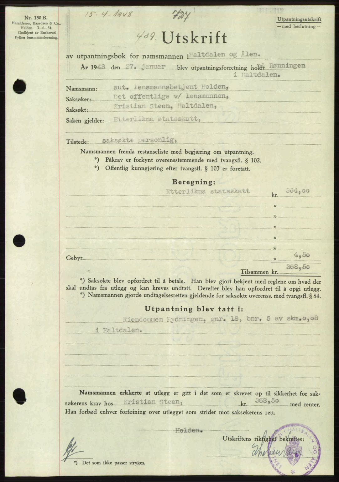 Gauldal sorenskriveri, SAT/A-0014/1/2/2C: Pantebok nr. A5, 1947-1948, Dagboknr: 439/1948