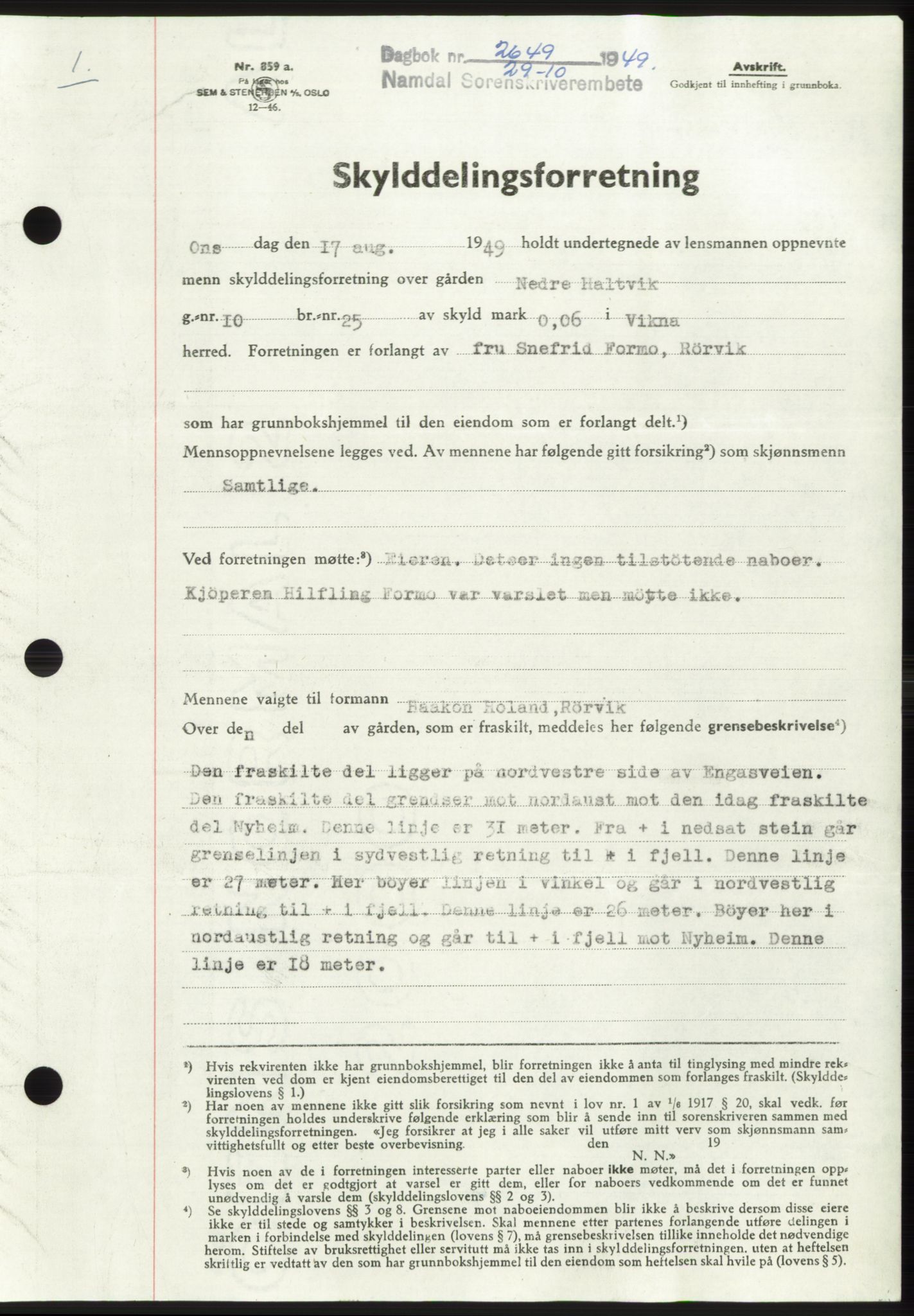 Namdal sorenskriveri, SAT/A-4133/1/2/2C: Pantebok nr. -, 1949-1949, Dagboknr: 2649/1949