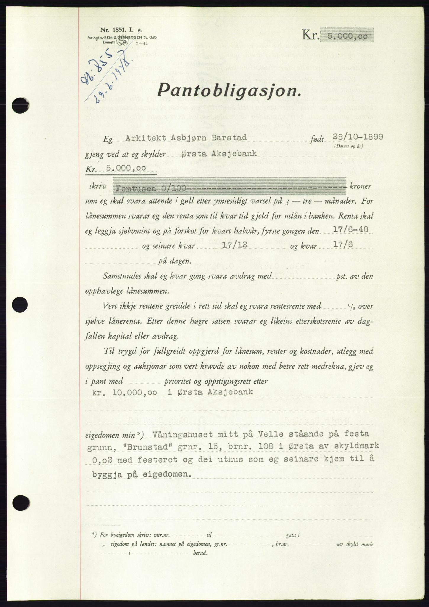 Søre Sunnmøre sorenskriveri, SAT/A-4122/1/2/2C/L0116: Pantebok nr. 4B, 1948-1949, Dagboknr: 855/1948