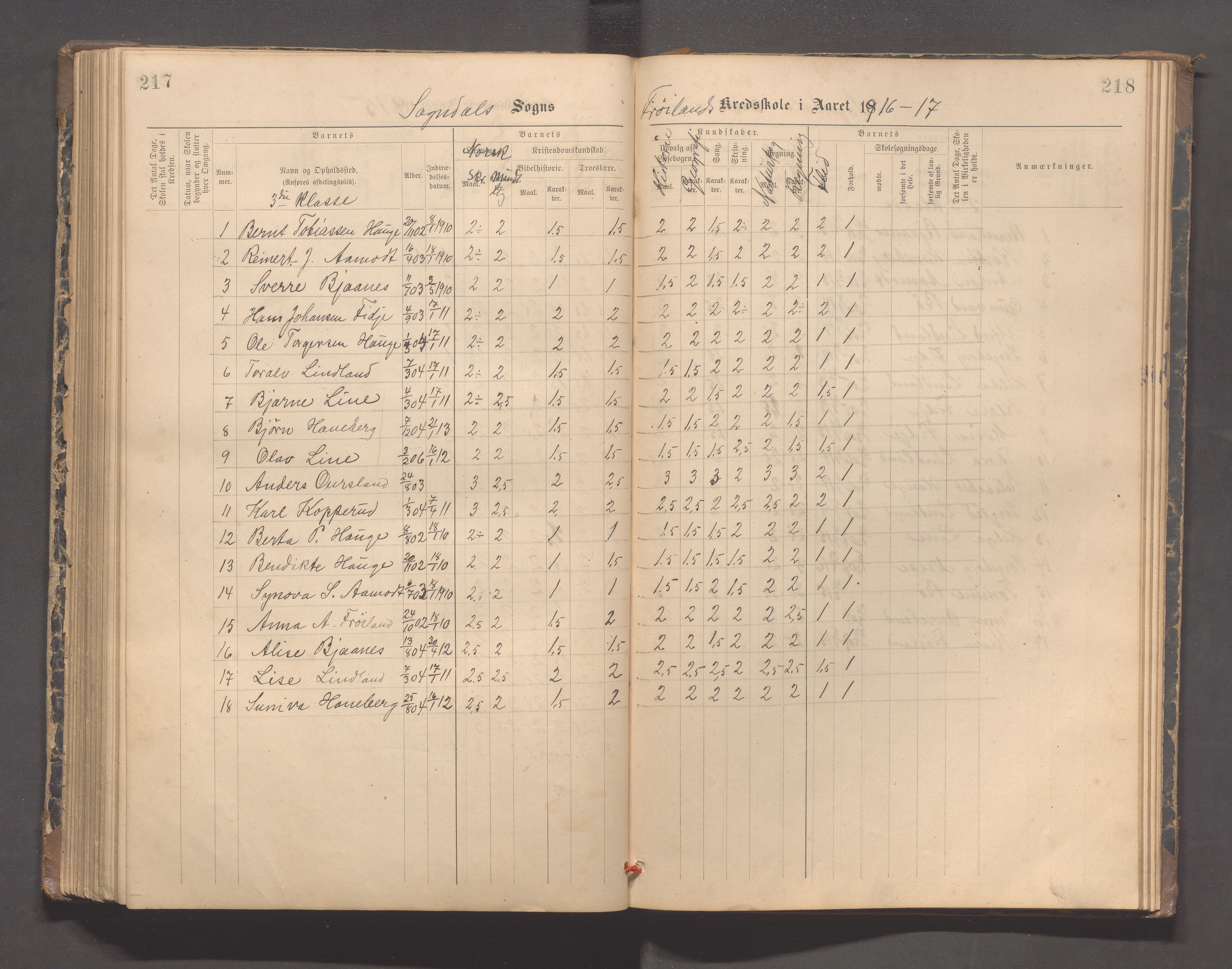 Sokndal kommune- Hauge skole, IKAR/K-101144/H/L0001: Skoleprotokoll - Frøyland, 1885-1918, s. 217-218