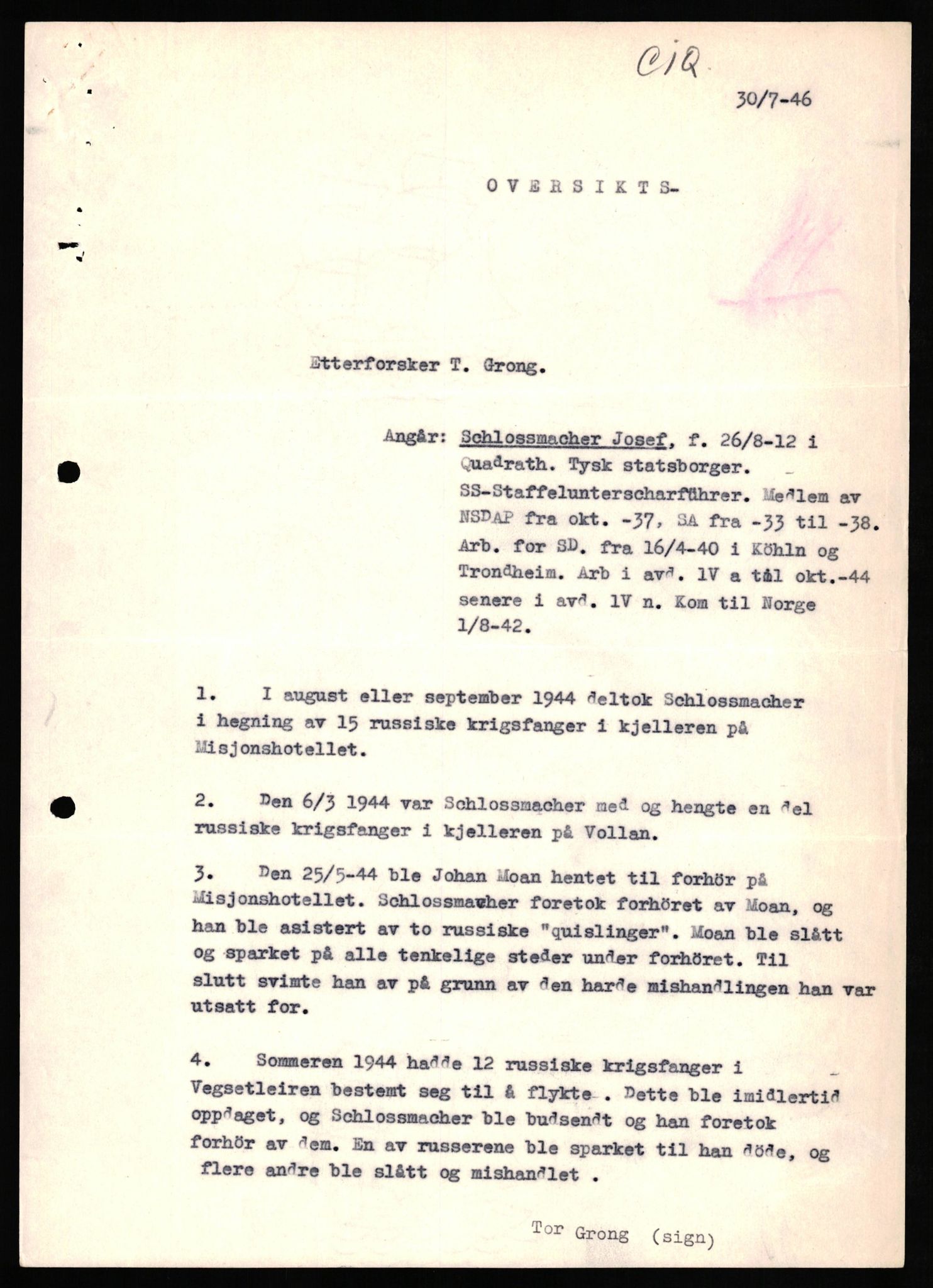 Forsvaret, Forsvarets overkommando II, RA/RAFA-3915/D/Db/L0029: CI Questionaires. Tyske okkupasjonsstyrker i Norge. Tyskere., 1945-1946, s. 283