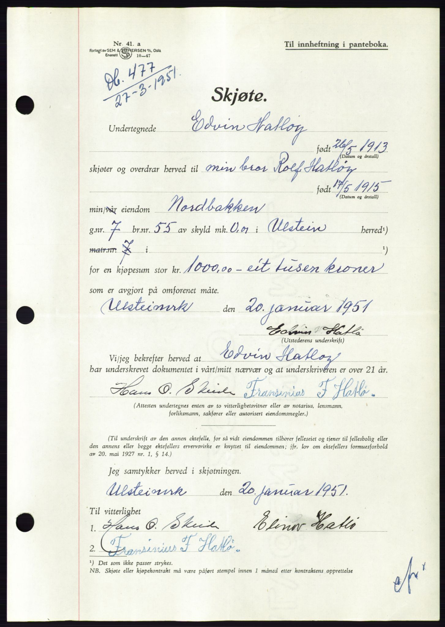 Søre Sunnmøre sorenskriveri, SAT/A-4122/1/2/2C/L0089: Pantebok nr. 15A, 1951-1951, Dagboknr: 477/1951