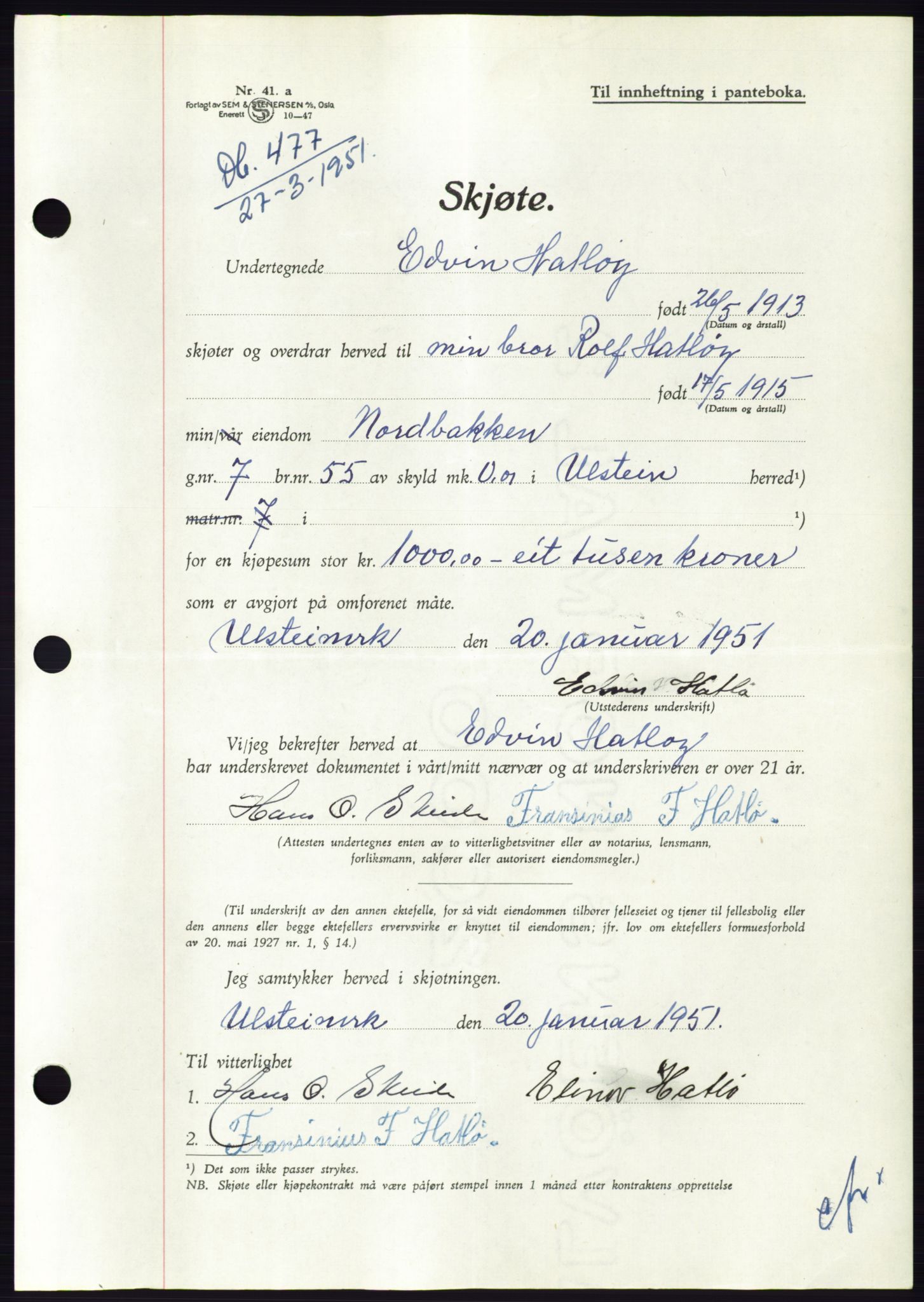 Søre Sunnmøre sorenskriveri, AV/SAT-A-4122/1/2/2C/L0089: Pantebok nr. 15A, 1951-1951, Dagboknr: 477/1951