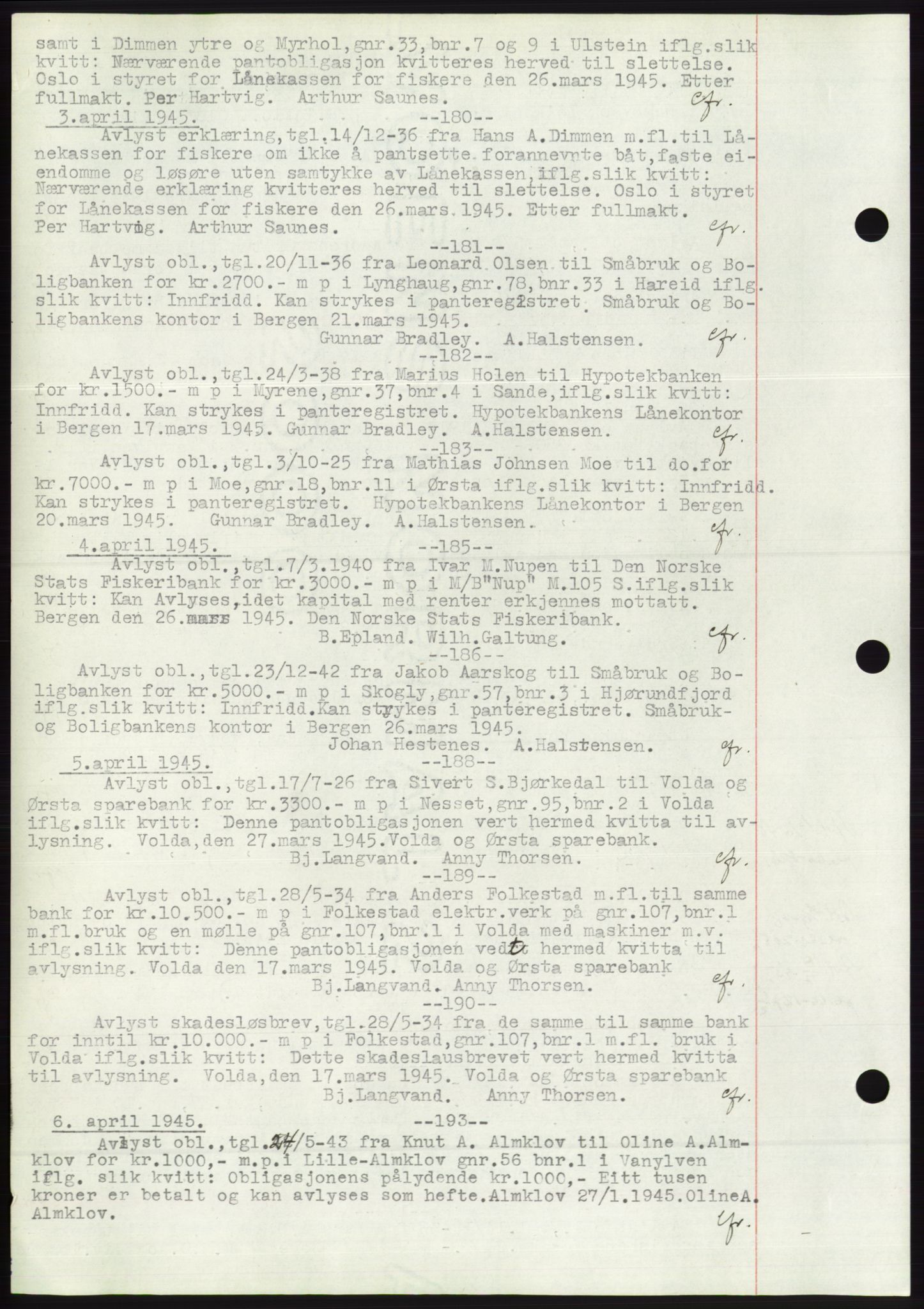 Søre Sunnmøre sorenskriveri, SAT/A-4122/1/2/2C/L0072: Pantebok nr. 66, 1941-1955, Dagboknr: 180/1945