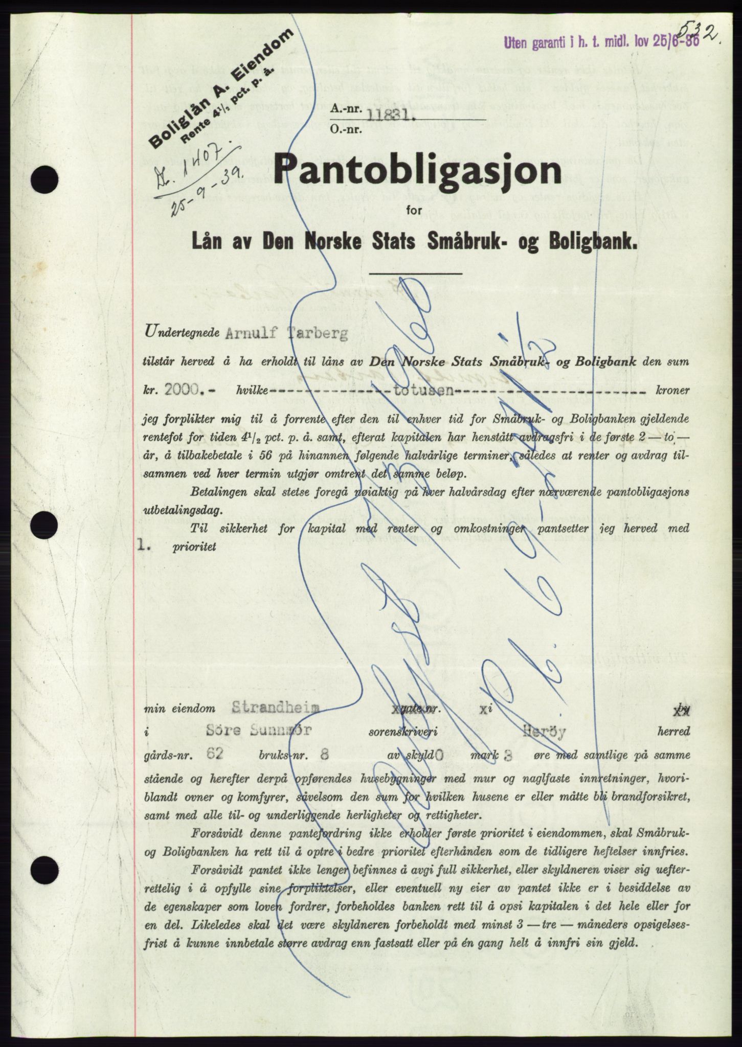 Søre Sunnmøre sorenskriveri, AV/SAT-A-4122/1/2/2C/L0068: Pantebok nr. 62, 1939-1939, Dagboknr: 1407/1939