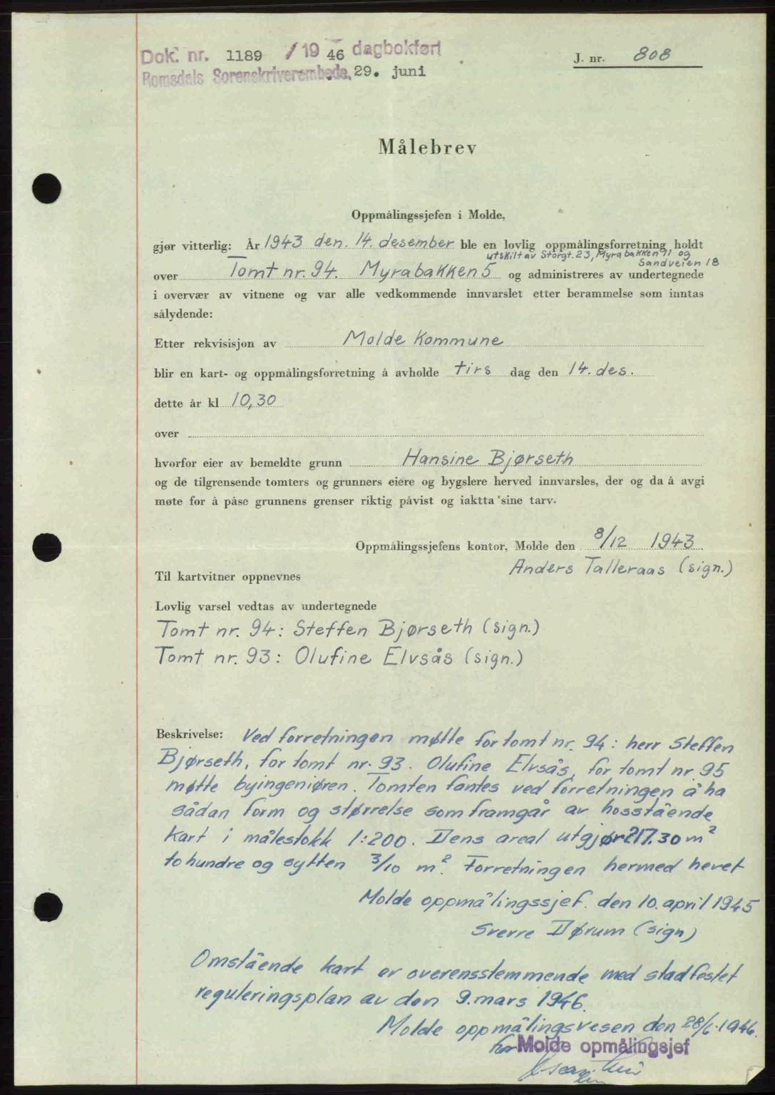 Romsdal sorenskriveri, AV/SAT-A-4149/1/2/2C: Pantebok nr. A20, 1946-1946, Dagboknr: 1189/1946