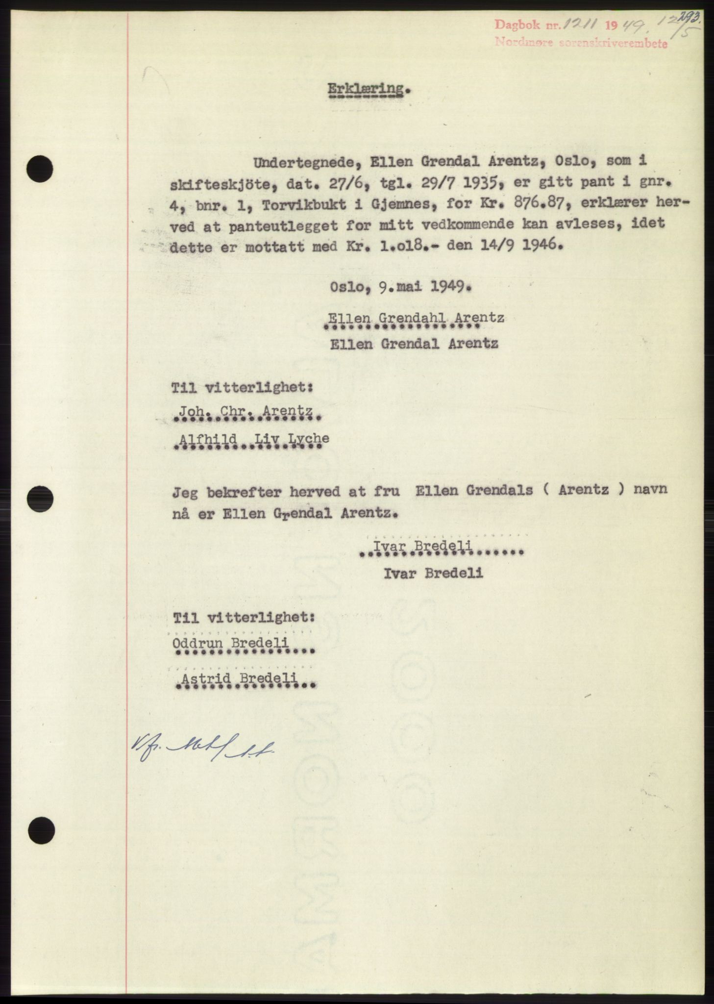 Nordmøre sorenskriveri, SAT/A-4132/1/2/2Ca: Pantebok nr. B101, 1949-1949, Dagboknr: 1211/1949