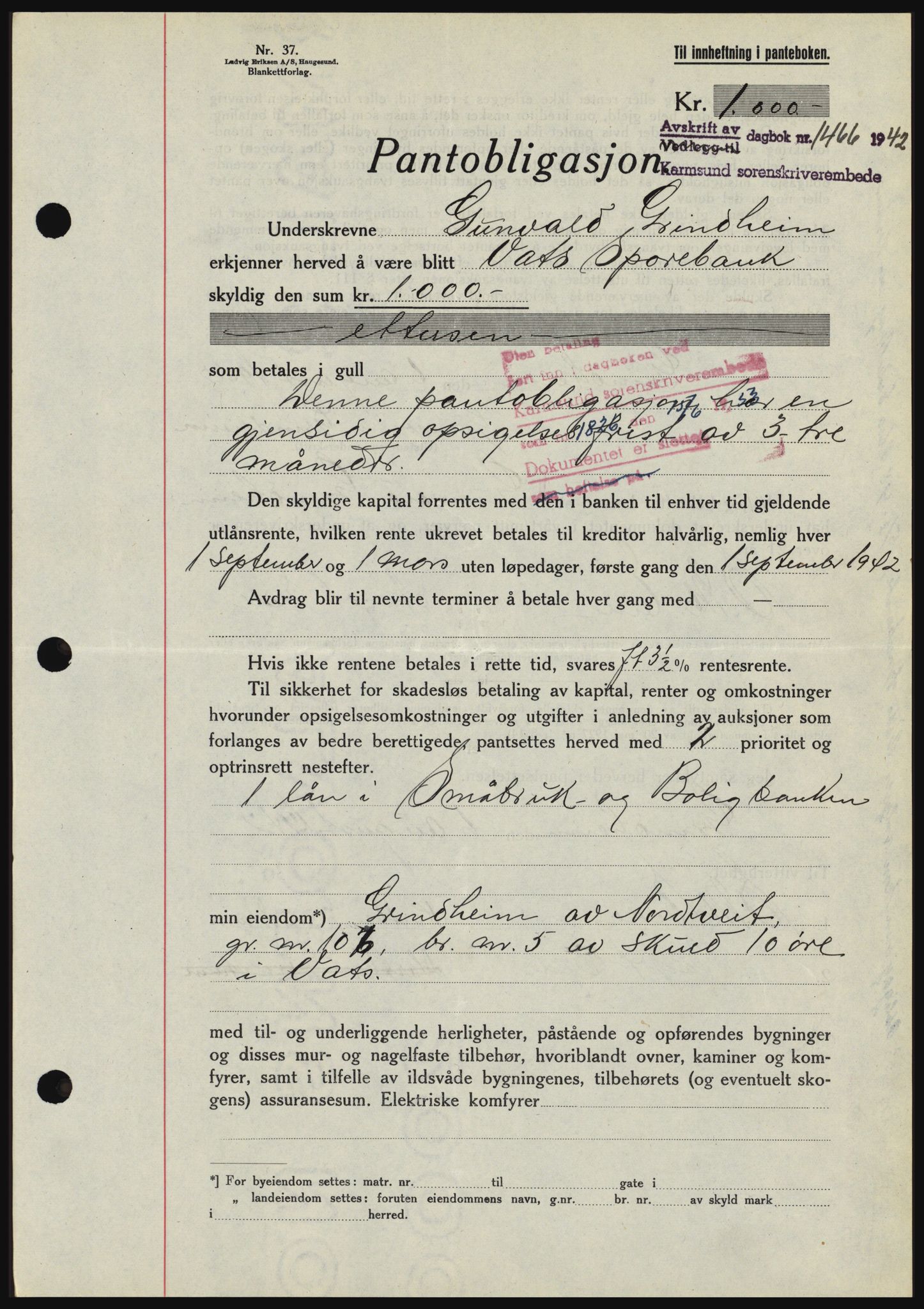 Karmsund sorenskriveri, SAST/A-100311/01/II/IIBBE/L0008: Pantebok nr. B 54, 1942-1943, Dagboknr: 1466/1942