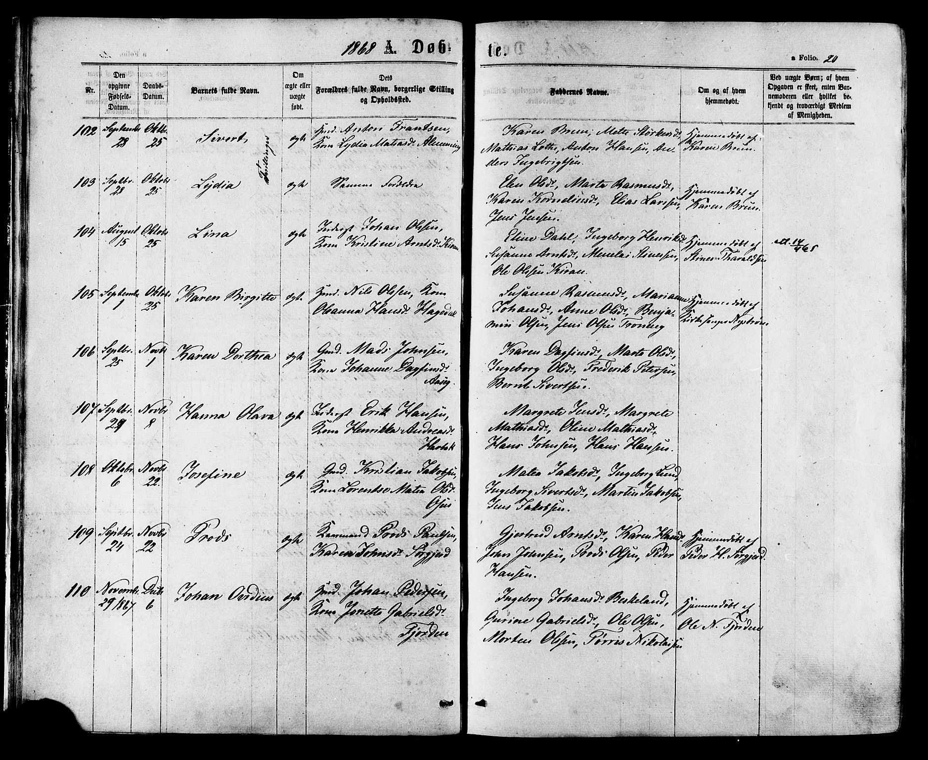 Ministerialprotokoller, klokkerbøker og fødselsregistre - Sør-Trøndelag, AV/SAT-A-1456/657/L0706: Ministerialbok nr. 657A07, 1867-1878, s. 20