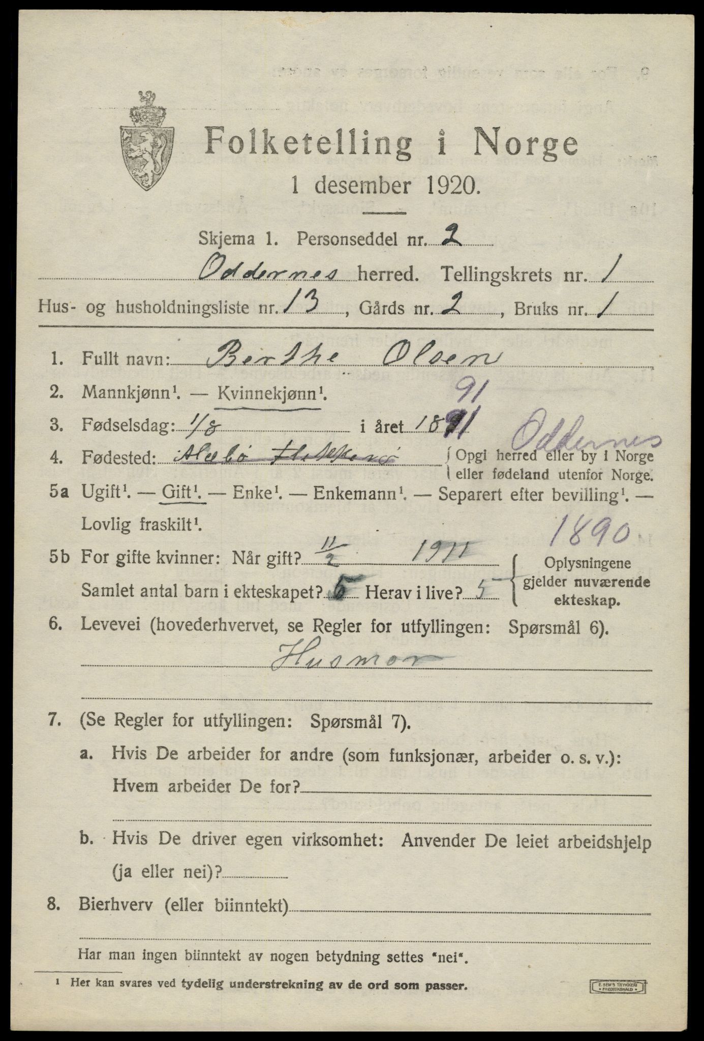 SAK, Folketelling 1920 for 1012 Oddernes herred, 1920, s. 2163