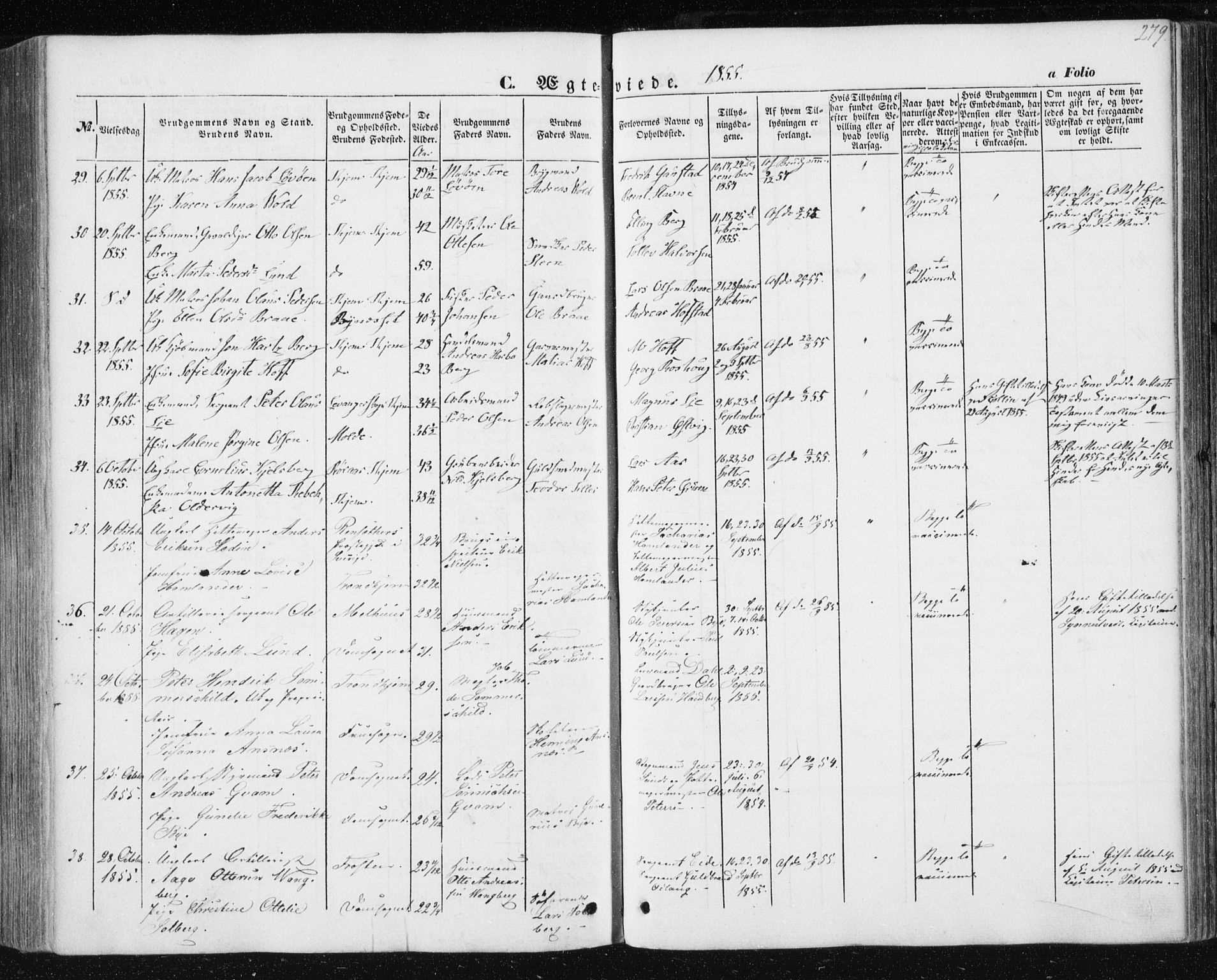 Ministerialprotokoller, klokkerbøker og fødselsregistre - Sør-Trøndelag, SAT/A-1456/602/L0112: Ministerialbok nr. 602A10, 1848-1859, s. 279