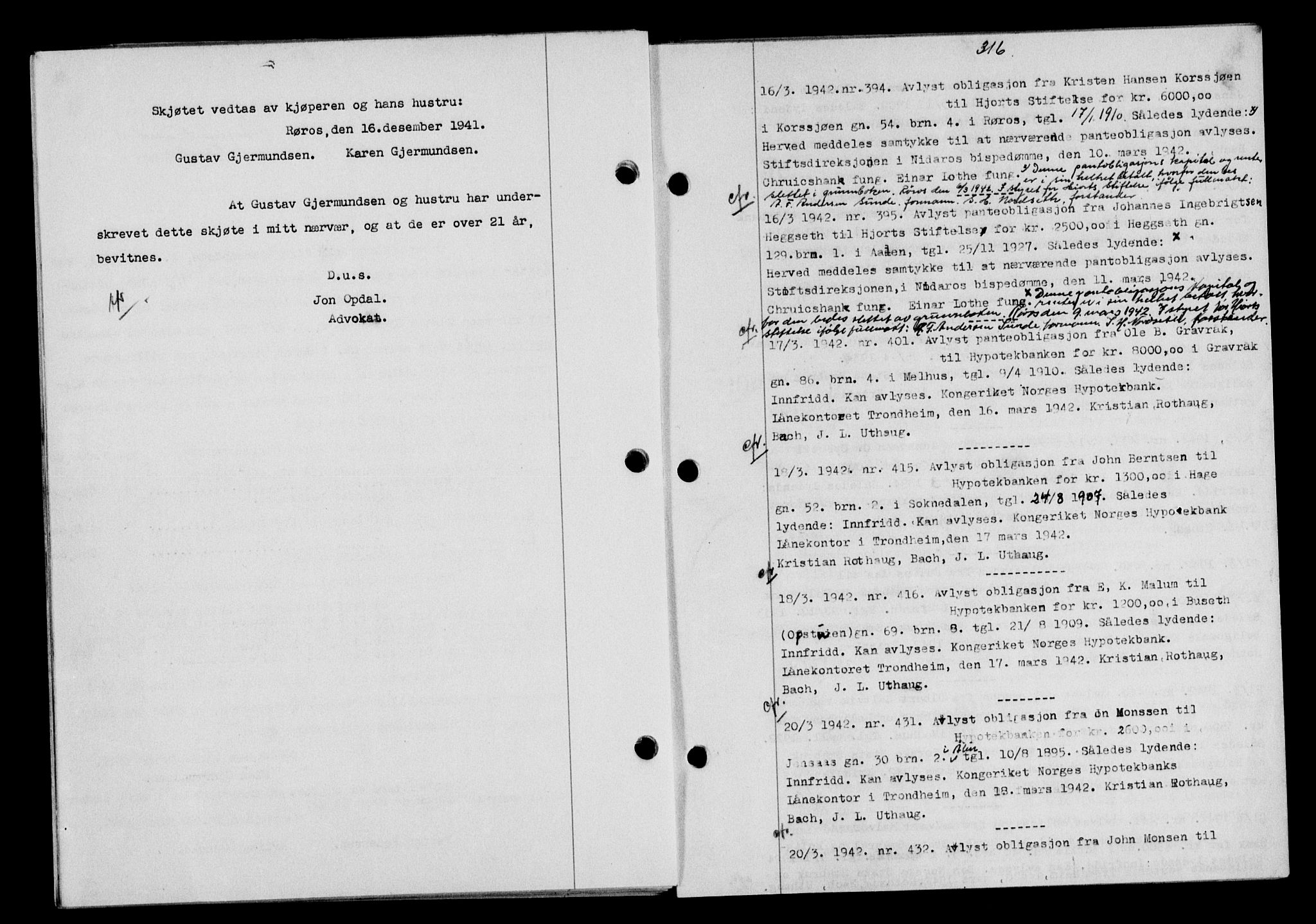 Gauldal sorenskriveri, SAT/A-0014/1/2/2C/L0054: Pantebok nr. 59, 1941-1942, Dagboknr: 394/1942