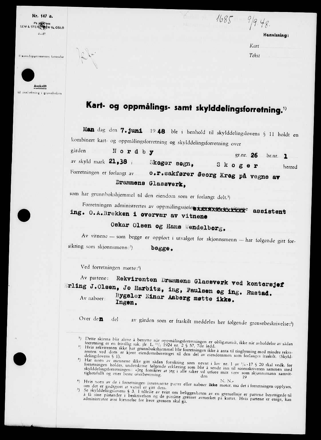 Holmestrand sorenskriveri, SAKO/A-67/G/Ga/Gaa/L0064: Pantebok nr. A-64, 1948-1948, Dagboknr: 1685/1948