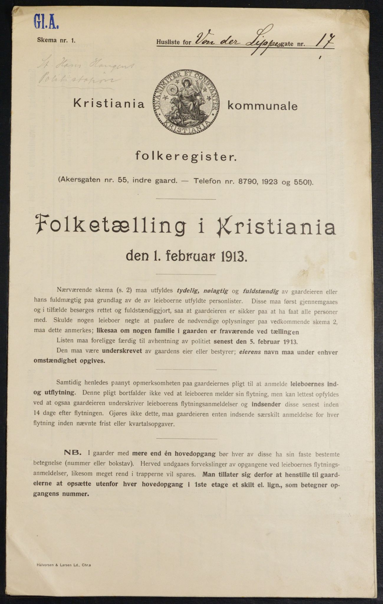 OBA, Kommunal folketelling 1.2.1913 for Kristiania, 1913, s. 125311