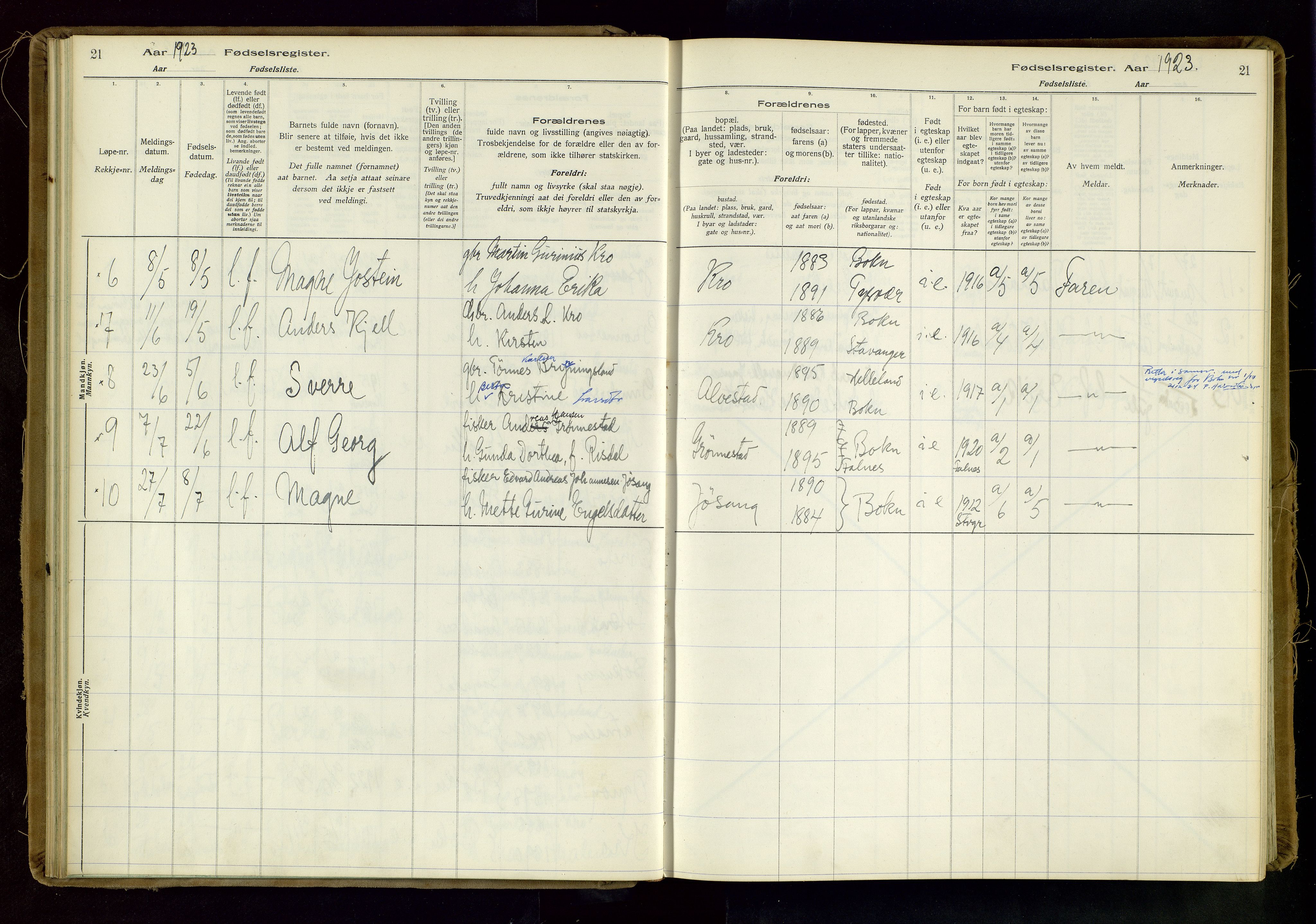 Tysvær sokneprestkontor, AV/SAST-A -101864/I/Id/L0003: Fødselsregister nr. 3, 1916-1982, s. 21