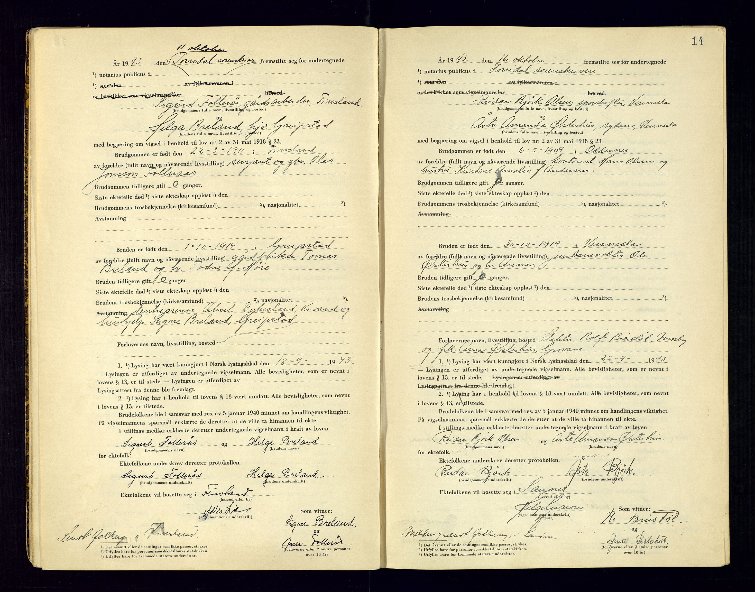 Torridal sorenskriveri, AV/SAK-1221-0012/L/Ld/L0004: Vigselbok nr. 2, 1943-1946, s. 14