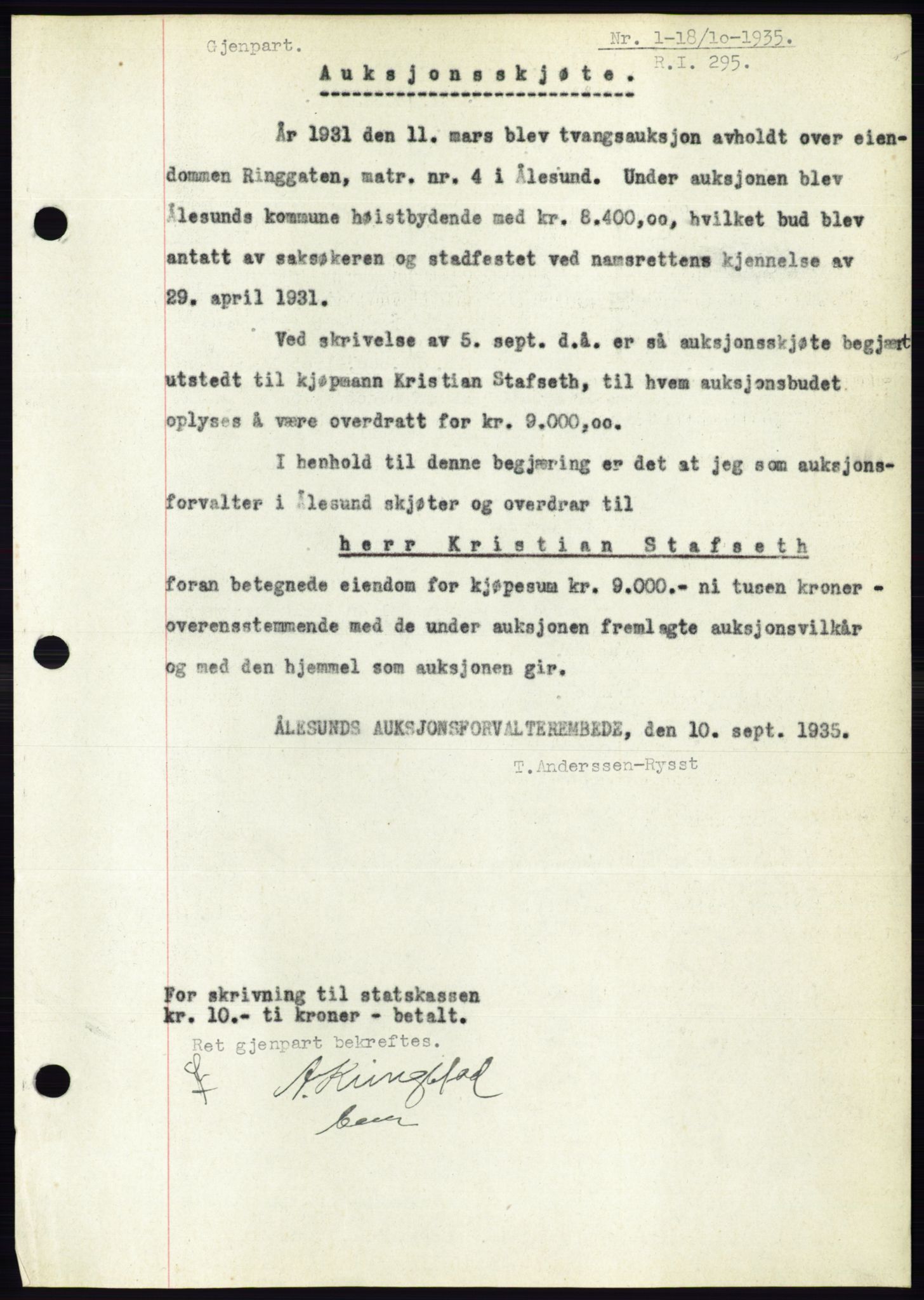 Ålesund byfogd, SAT/A-4384: Pantebok nr. 32, 1934-1935, Tingl.dato: 18.10.1935